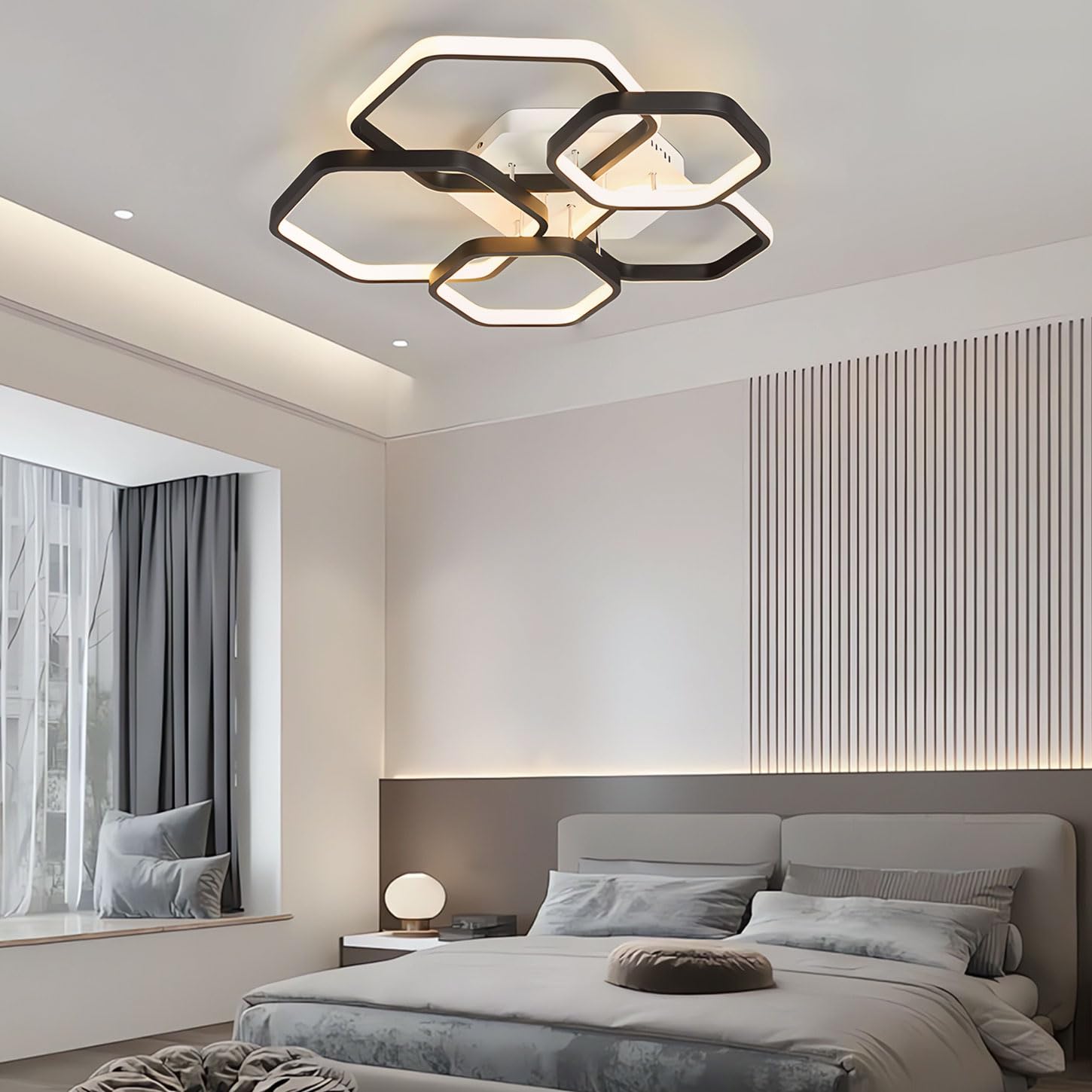 Lámpara de techo LED moderna, lámpara de techo regulable para dormitorio de 3000-6000 K con mando a distancia, lámpara de techo acrílica negra, ideal para dormitorios. (Oro)