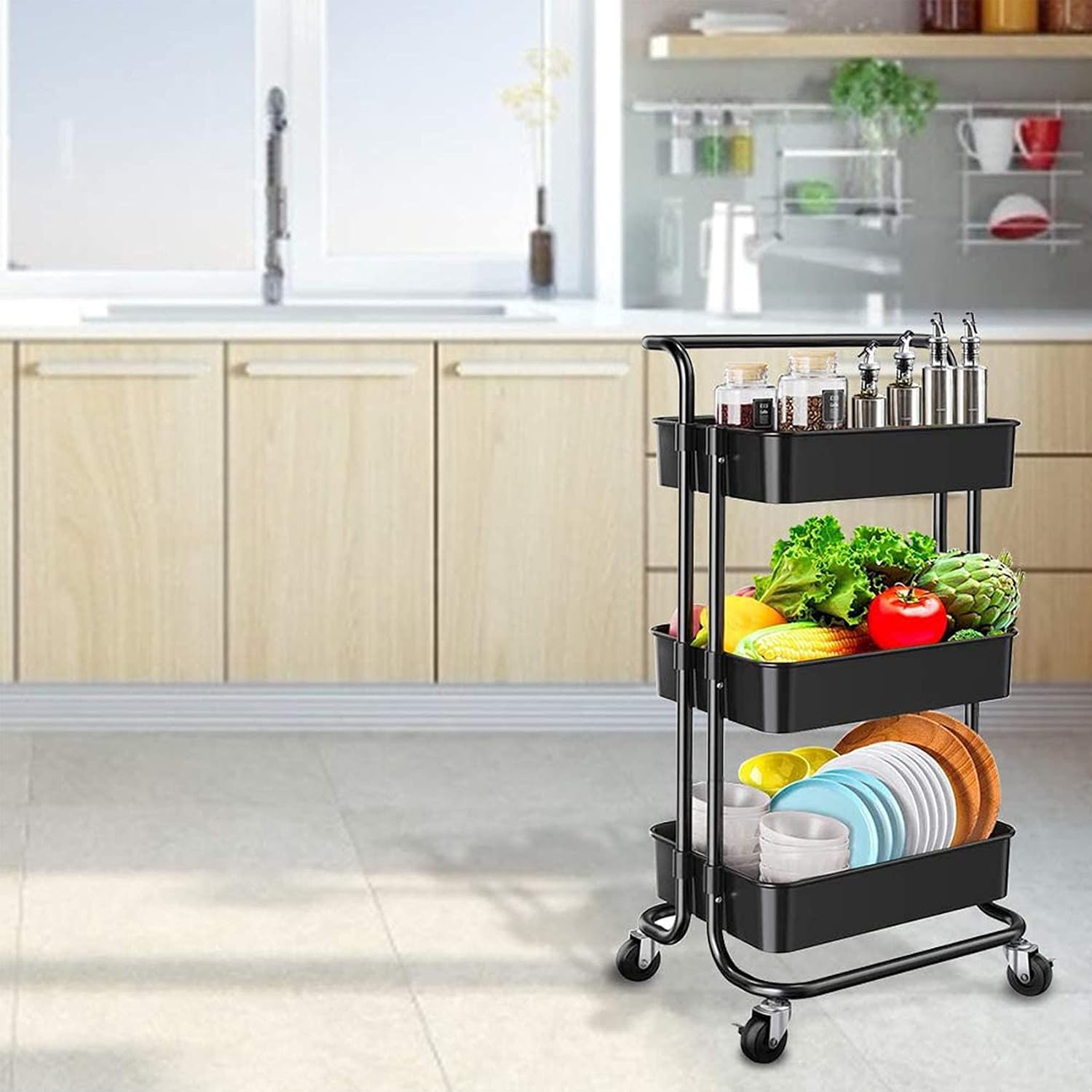 3-Tier Rolling Carts with Wheels Storage Cart Makeup Cart with Roller Wheels Mobile Storage Organizer for Kitchen, Bathroom, Office, Coffee Bar