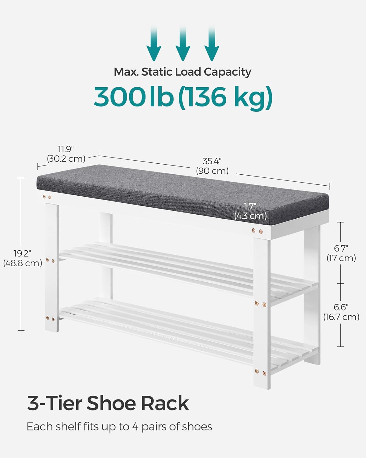 SONGMICS Bamboo Shoe Bench, 3-Tier Shoe Rack Organizer for Entryway, Living Room, Bench Seat Holds Up to 300 lb, 11.9 x 35.4 x 19.2 Inches, Cloud White and Slate Gray ULBS904W01
