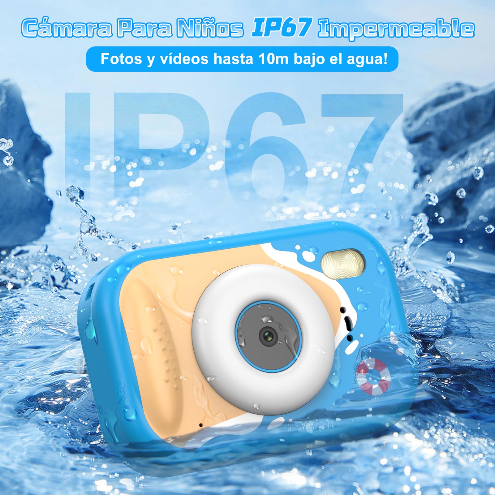 CHAKEYAKE Camara Acuatica Infantil, IP67 1080P Cámara subacuática con Zoom 10X, Pantalla de 2.4”, Tarjeta 32GB, Juguete para Piscina y Playa, Regalo para Niños y Niñas de 3–12 Años, Azul