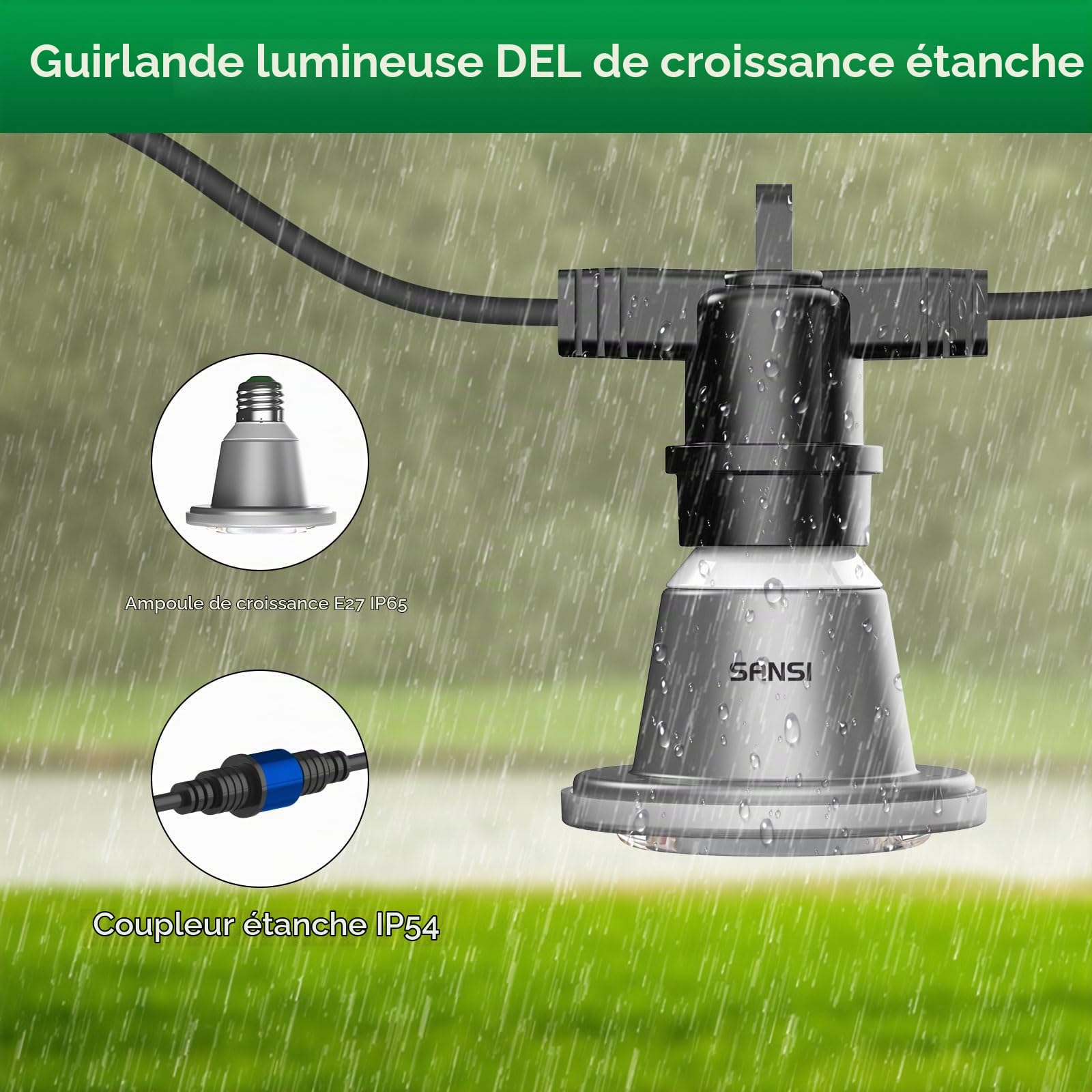 SANSI Lampe Croissance LED Spectre Complet 6 Ampoules E27 12W 6.7 Mètres | Guirlande de Culture Plantes Intérieures, Pour Germination Croissance Floraison, IP54 Étanche
