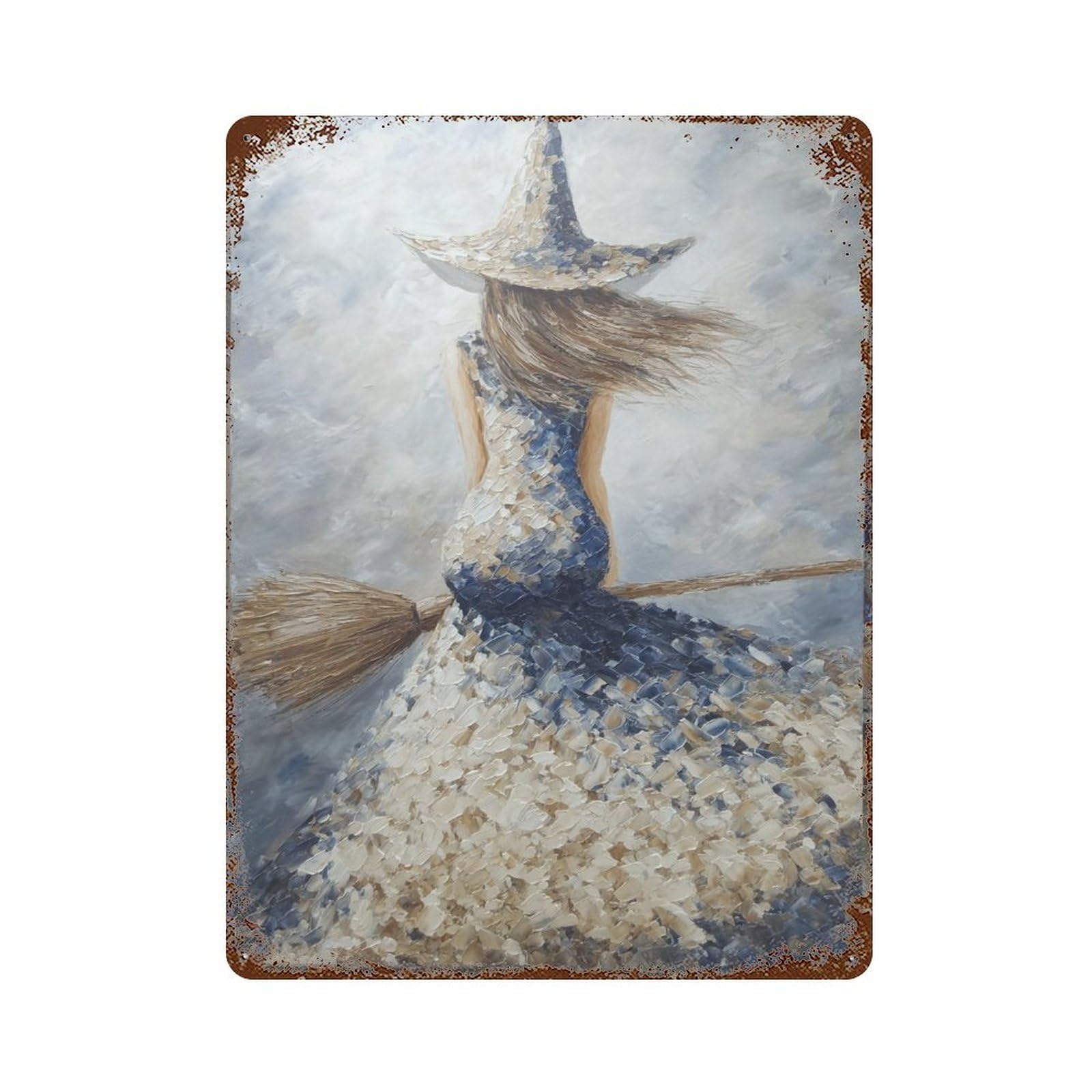Garage Style Witch on Broomstick Painting-4 Rust Effect Tin Sign 15.7"x11.8", Industrial Home Decor for Bar And Workshop