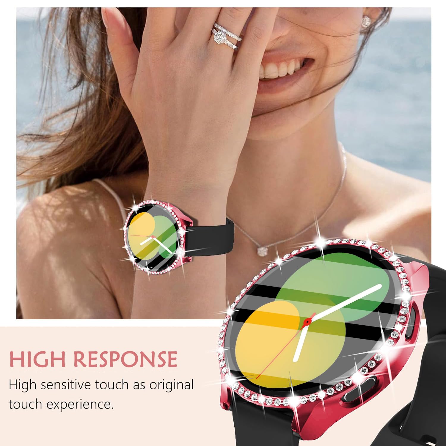DEALELE [2-PACK] Case Compatible with Samsung Galaxy Watch 5/4 44mm, Bling Single-Row Diamond PC Protective Case Replacement Watch Cover Bumper (44mm, Gold+Transparent) — view 145