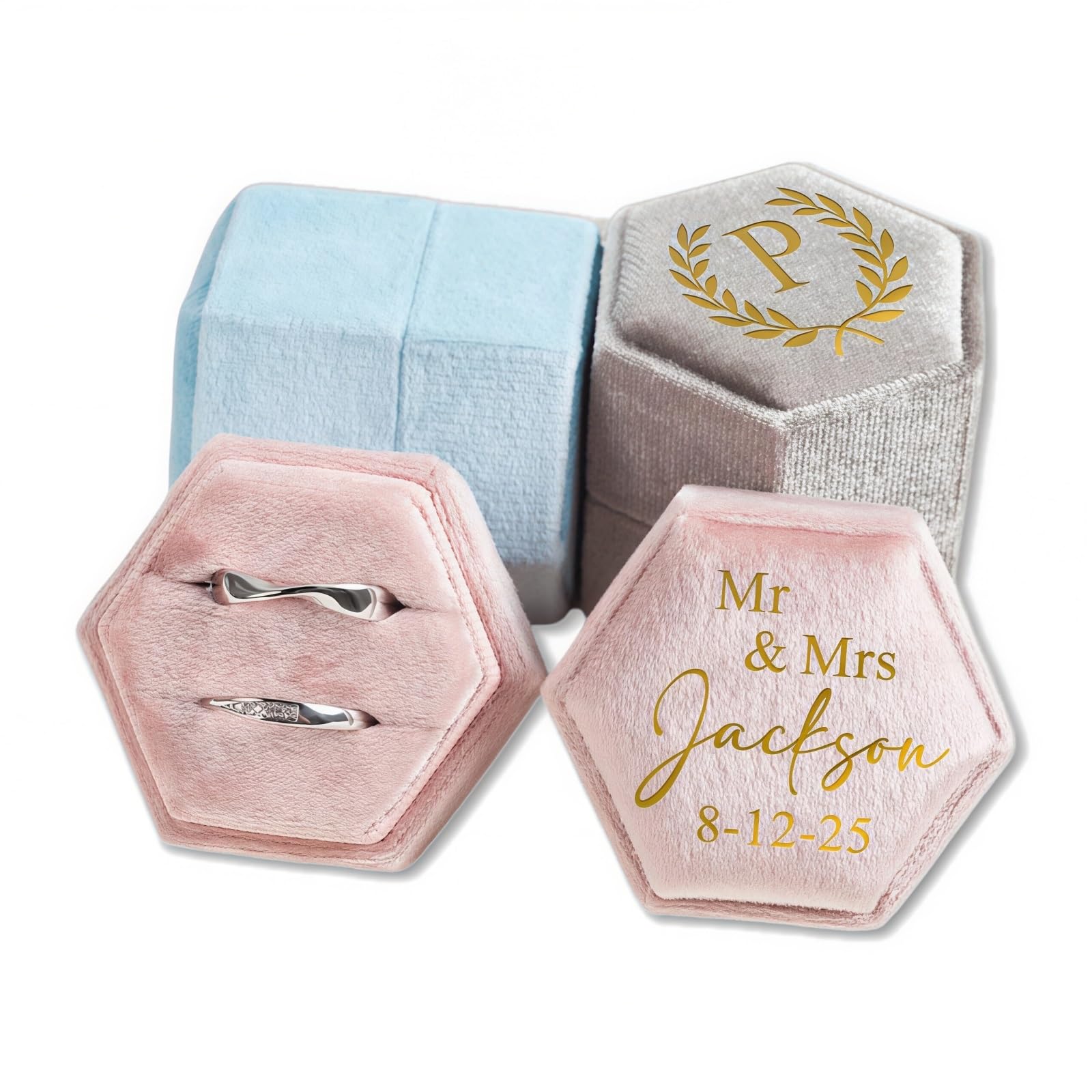 Personalized Double Slot Velvet Ring Box, Custom Monogrammed Hexagon Ring Box For Wedding Ceremony, Elegant Engagement Ring-Bearer