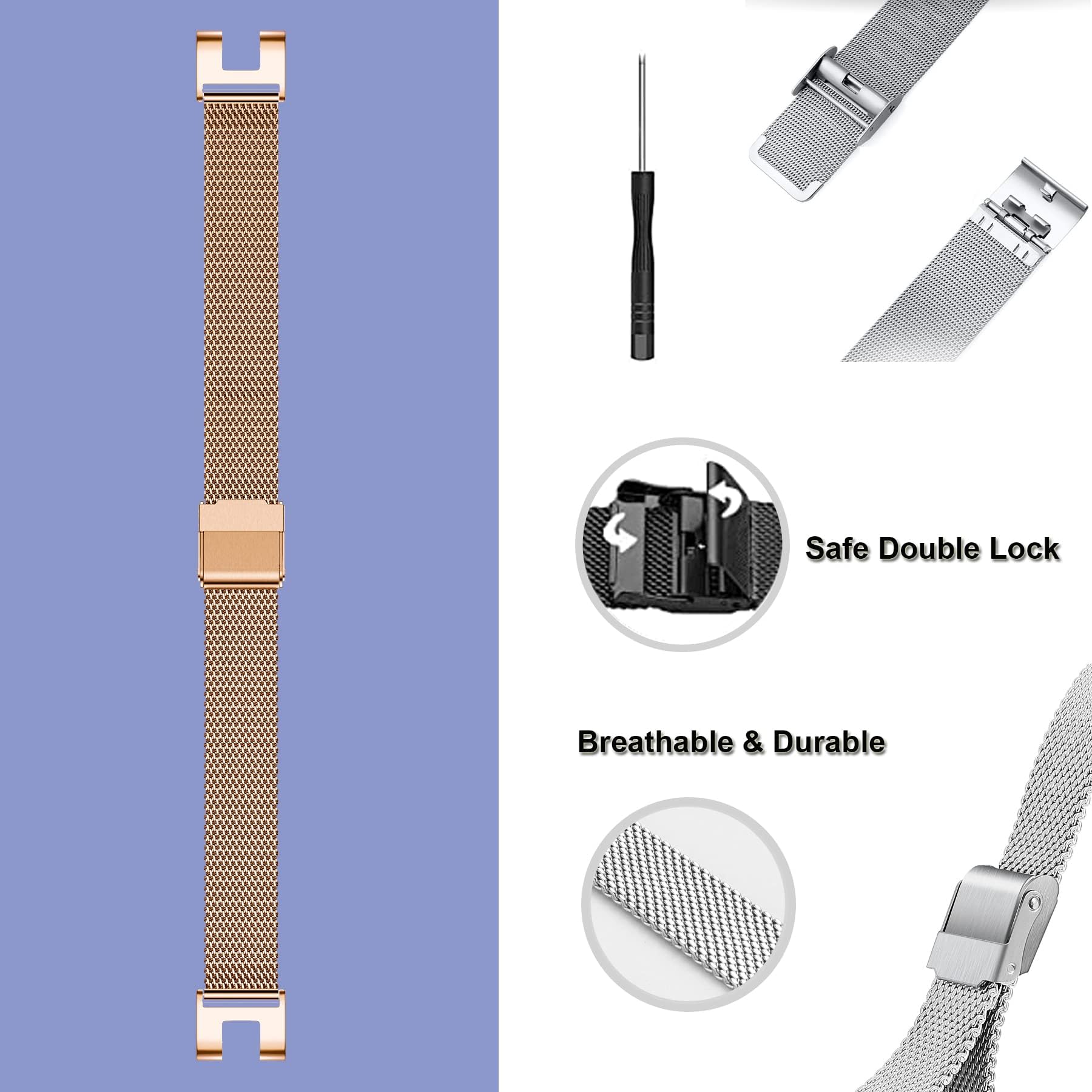 Bracelet de rechange en acier inoxydable milanais et silicone pour montre connectée Garmin Lily, or rose + blanc