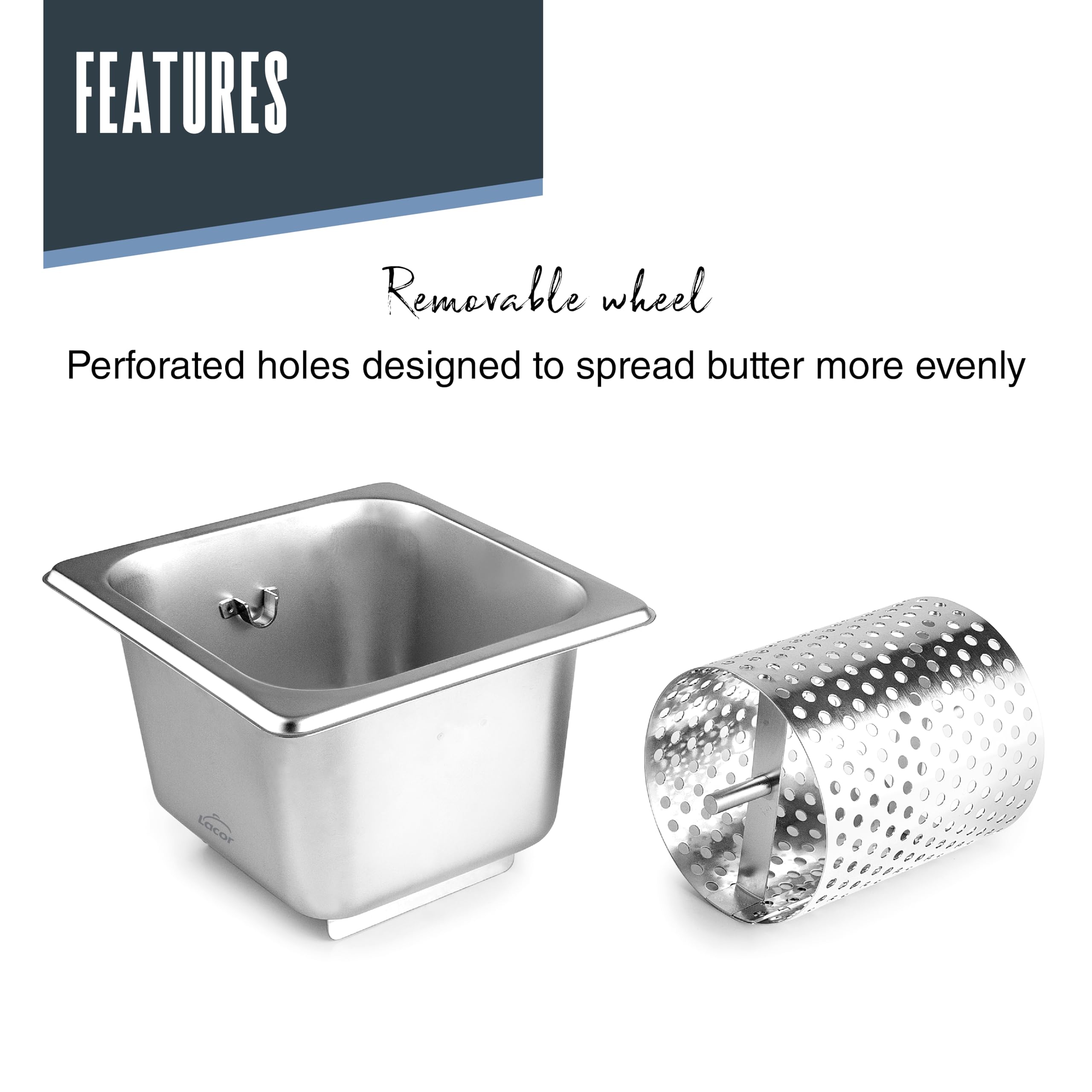 Lacor - 66001 - Rullo per Burro, Acciaio Inox, Secchio GN 1/6 da 1,6 Litri, Ruota Rimovibile, Design Ergonomico, Ideale da Spalmare su Pane o Hamburger
