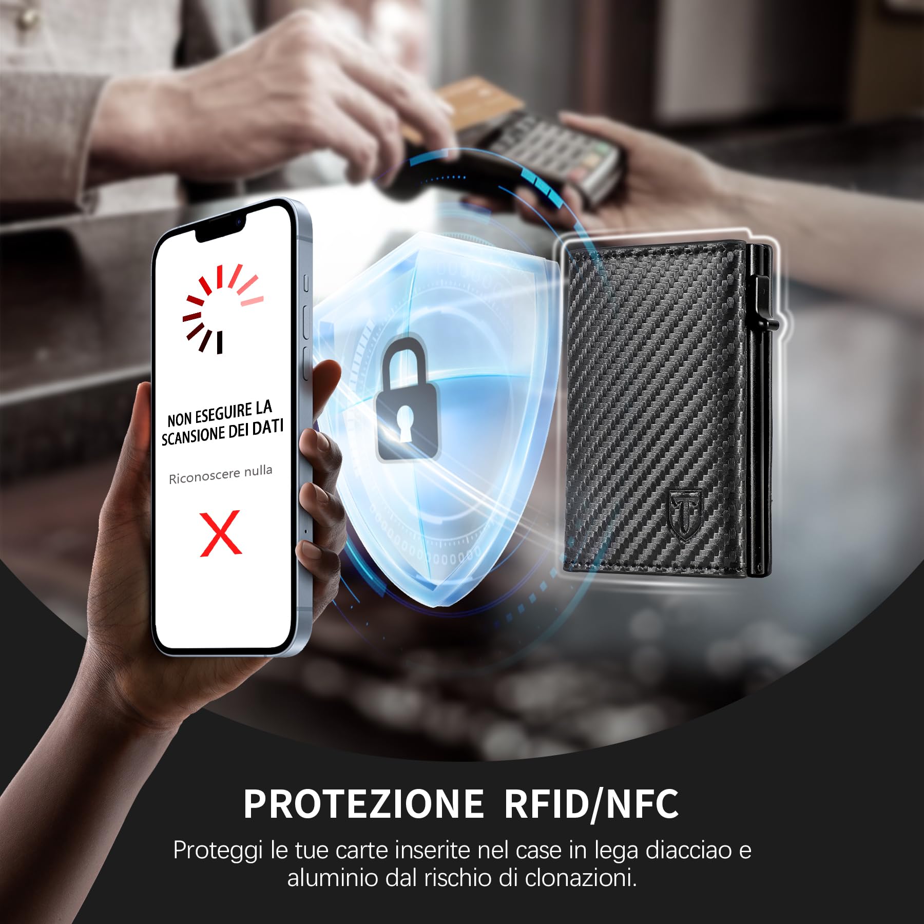 TENBST Portafoglio Uomo, Slim Porta Carte di Credito Uomo con RFID Anticlonazione, Portacarte Uomo Piccolo Magnetico, Porta Tessere con Portamonete e Contanti, Idea Regalo Uomo (Carbon Nero)