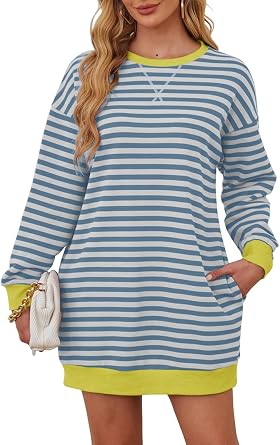 Dokuritu Sweatshirt Dress Women Oversized Crew Neck Long Sleeve Pullover Striped Tops Winter Mini Dress with Pockets