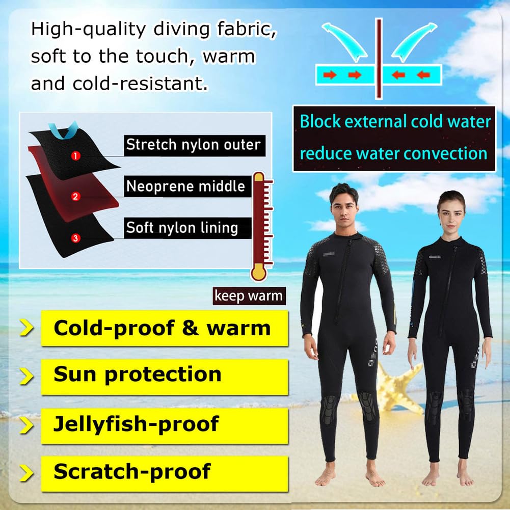 TOVCHEI 3MM Neoprene Wetsuit Front Zipper One-Piece Diving Suit Sun Protection Warmth Anti Jellyfish for Water Sports Surfing,Women,M