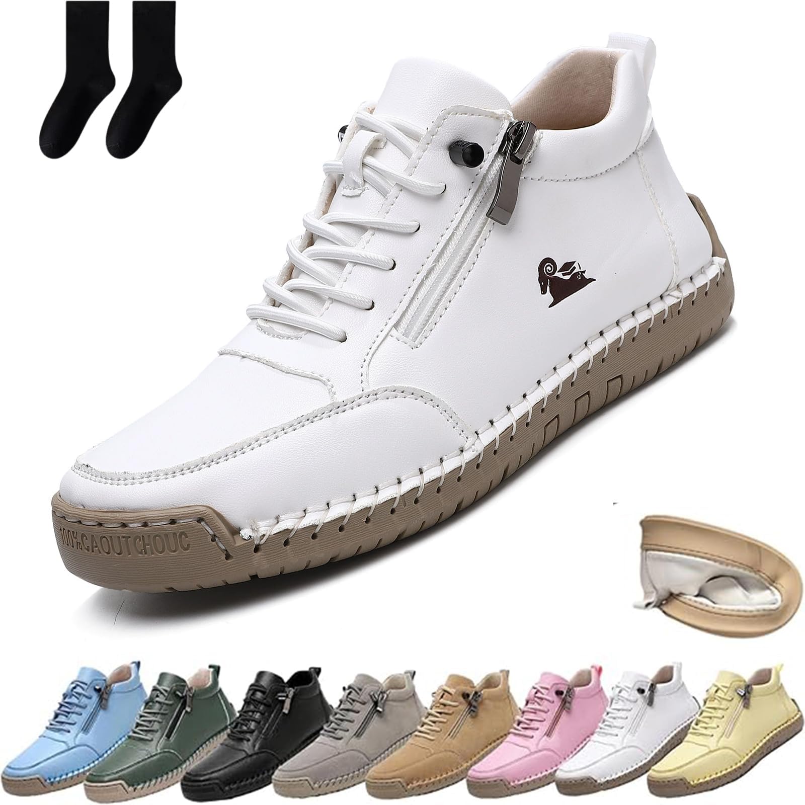 Handgefertigte orthopädische Bequeme Lederschuhe Montela Schuhe Damen Herren, Leder-Turnschuhe mit seitlichem Reißverschluss, Flache Outdoor-Schuhe, Freizeitschuhe zum Fahren und Gehen
