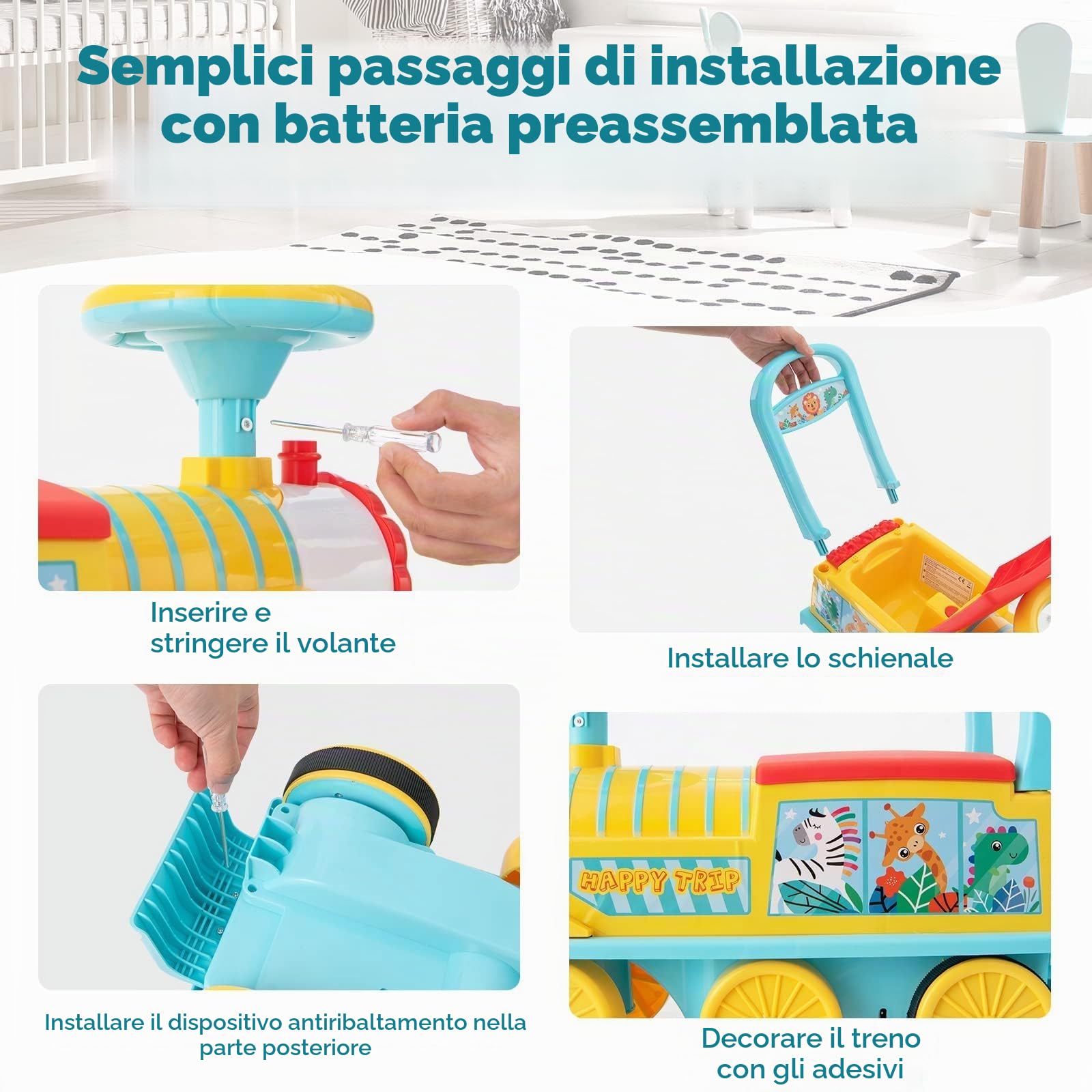 RELAX4LIFE 2 in 1 Macchina Elettrica per Bambini e Trenino Elettrico per Bambini con 16 Pezzi di Binari, Musica, Luci, Pedali Retrattili, 2 Anni+ (BLU 3)