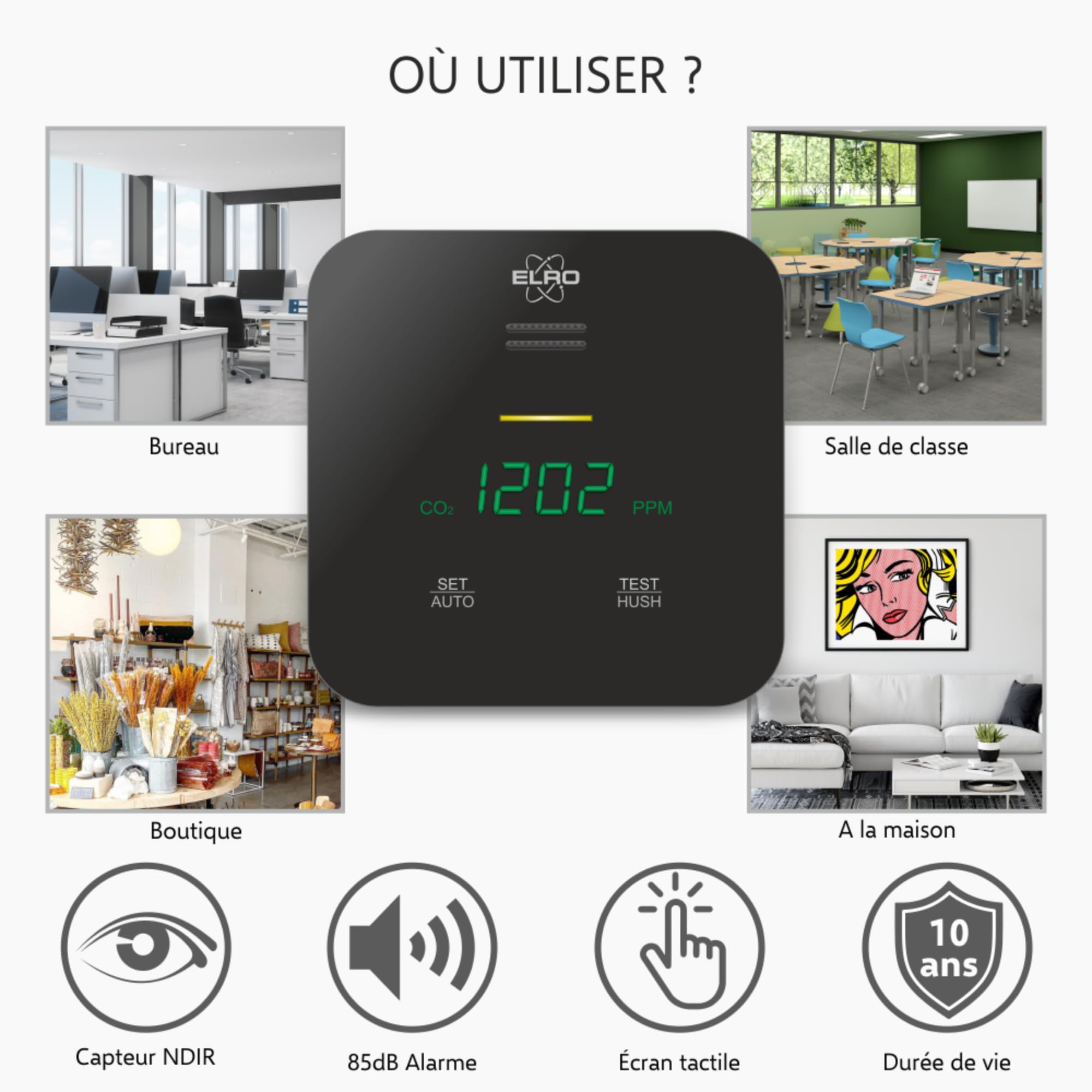 ELRO FCO2400 CO2 mètre - Qualité de l'air avec capteur NDIR pour CO2, température et humidité - avec Auto-calibrage