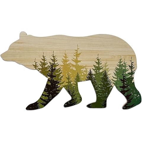 Forest Bear Wall Sign, Adventure Woodland Theme, Rustic Nursery Decor, Man Cave Home Bedroom Cabin Office House Art Decorations, Hickory Hollow Designs… (Natural/Green Ombre Pine Trees)