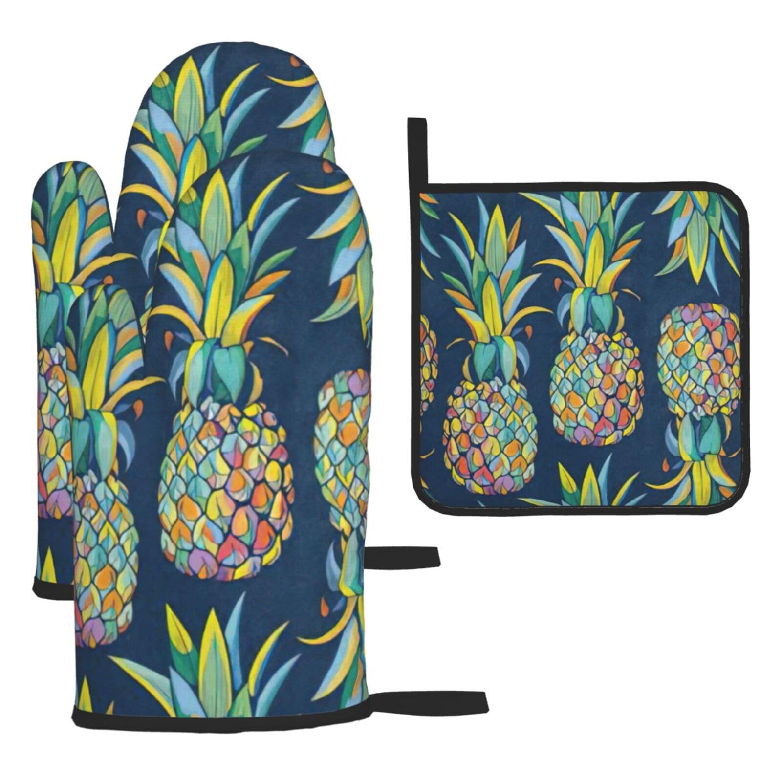 Tropical Fruit Pineapple Print Oven Kitchen Gloves For Baking Outdoor Grilling Home Use Mitts Microwaving Bbq