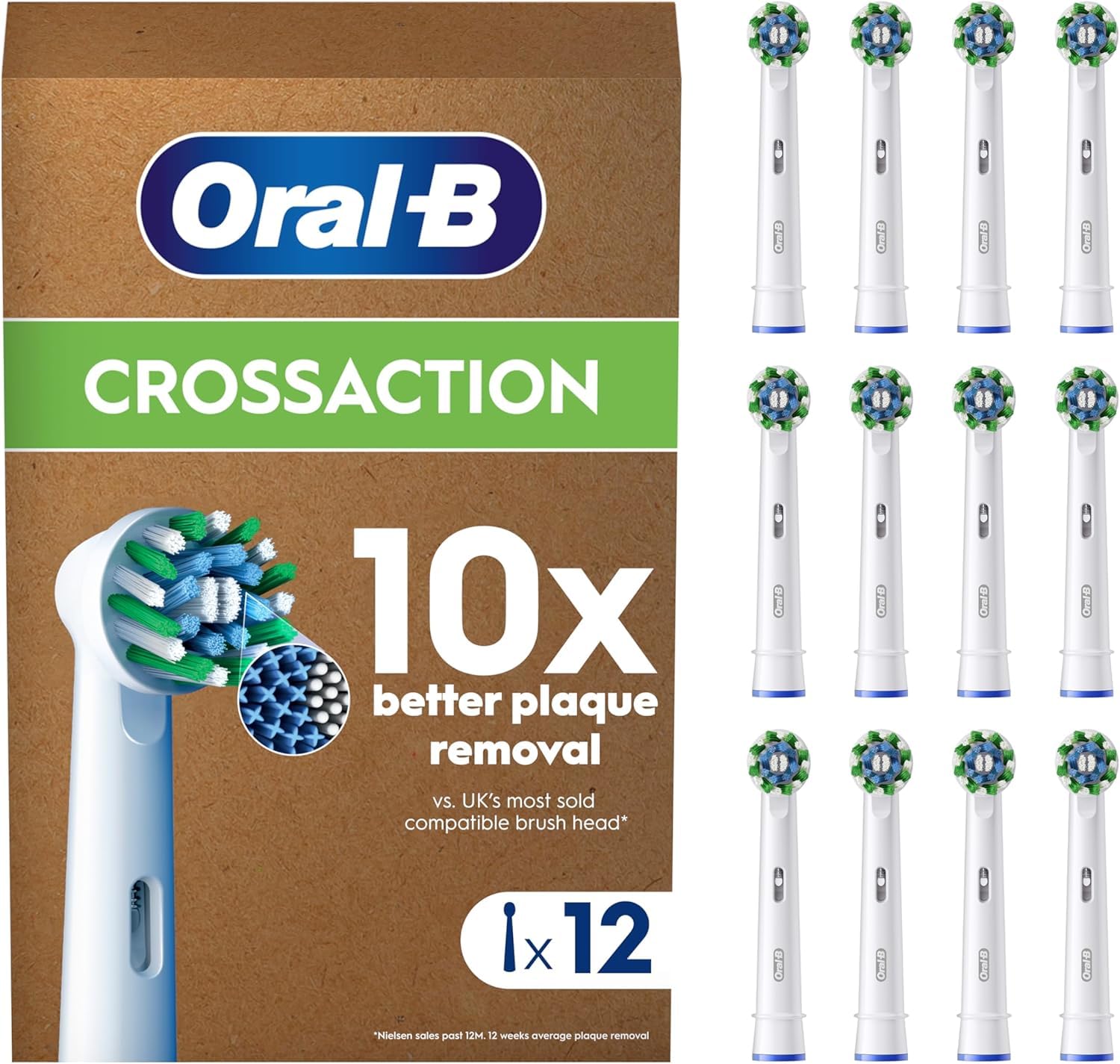 Oral-B Pro Cross Action - Testina per spazzolino elettrico, forma a X e setole angolate per una rimozione più profonda della placca, confezione da 12 pezzi, colore: bianco