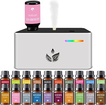 Essential Oil Diffuser with 20pcs Mixed Scent Fragrance Aroma Oils, Rechargeable Waterless Diffuser with 3 Spray Modes for Home Office Hotel White Set 20PCS
