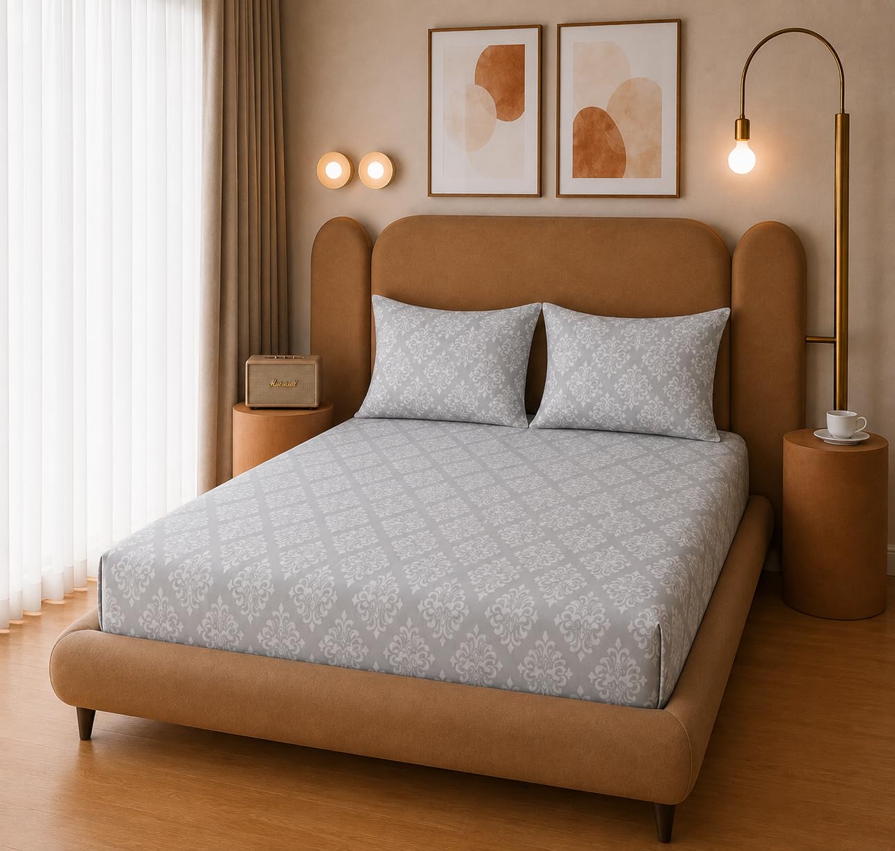 THE HOME STYLE Cotton Feel Glace Cotton Elastic Fitted Printed King Size Double Bed Bedsheet with 2 Pillow Cover Fits Upto 8 Inches Mattress (72"x78", Pearl Grey Barocca)