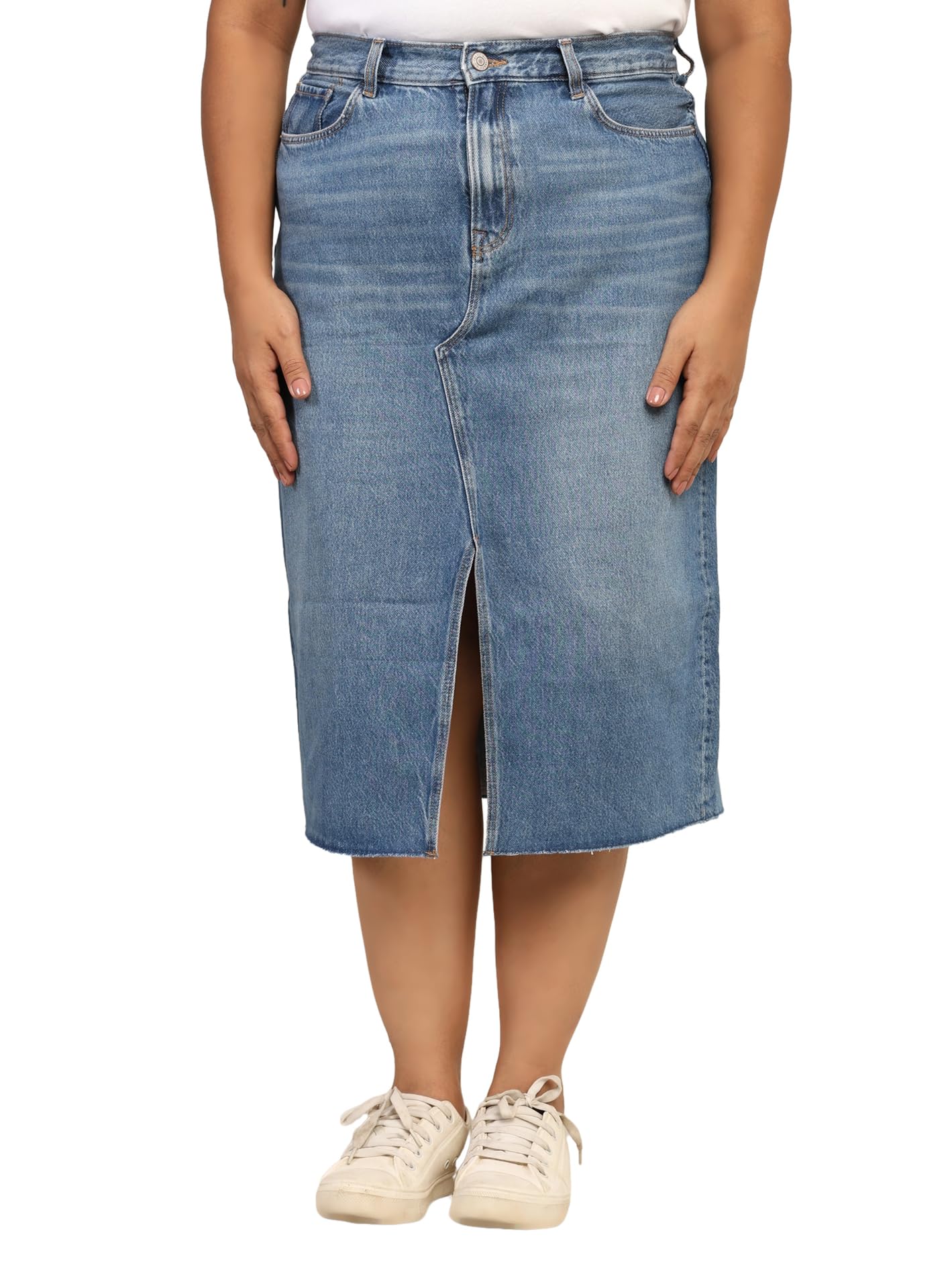 happening Plus Size Women Non Stretch Denim Straight Fit Skirt with Front Slit - HIGH Rise - Faded Denim Blue Color - Waist Size (M) 30 to (3XL) 38 inches-picture-10