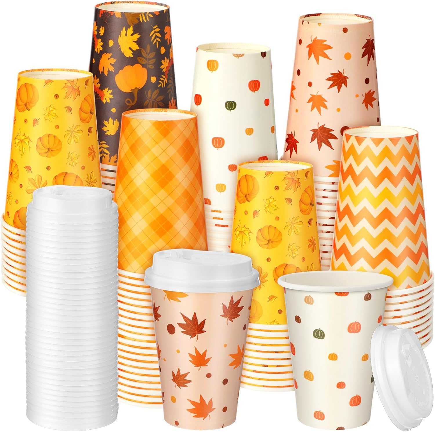 Sliner 120 Pcs Fall Thanksgiving Disposable Coffee Cups with Lids 12 oz Autumn Hot Cold Drinks Paper Cups Pumpkin Maple Leaf Beverage Drinking for Thanksgiving Harvest Party Supplies