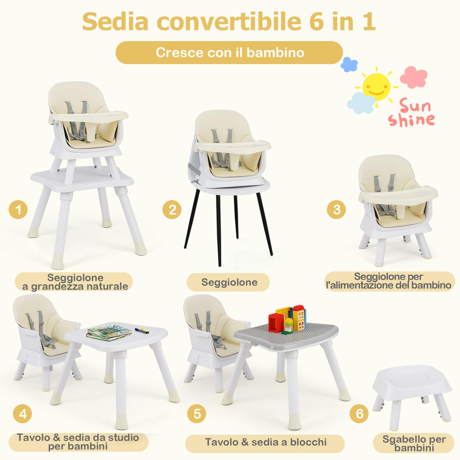 RELAX4LIFE 6 en 1 Trona Bebé con Arnes de 5 Puntos y Cojín Desmontables, Tronas de Bebe Portátil con Bandeja Ajustable y Extraíble, Mesa y Silla Infantil para Niños 6+ Meses, Carga 25kg (Beige)