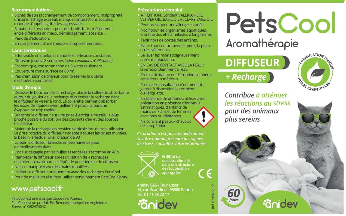 Anidev PetsCool Diffuseur apaisant Multi espèces + Recharge 40 ML Anti Stress Chien Chat NAC Huiles essentielles valériane vétiver Sauge Basilic Diffusion Continue 8 semaines