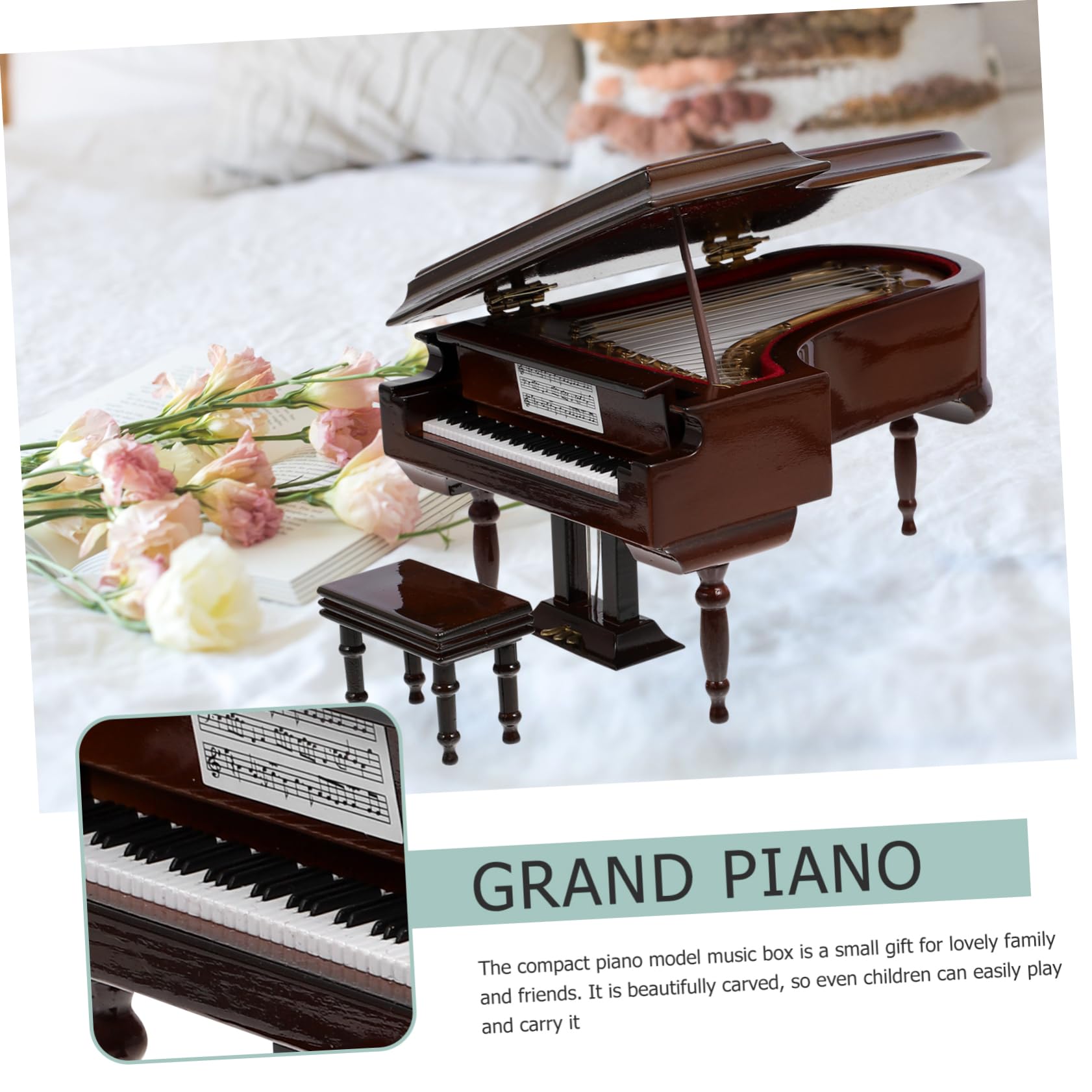 Vaguelly Caja Musical Portátil con Forma de Piano de Escritorio en Madera y Metal, Adorno Práctico y Elegante para Regalo de Cumpleaños