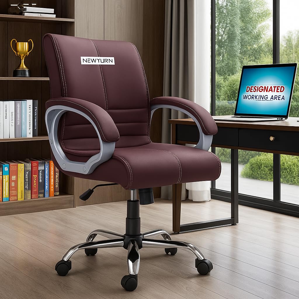 NEWTURN® Maxson Mid-Back (Pre-Assembled) with Chrome Metal Stand Ergonomic Premium Leather Revolving/Rolling Office-Study-Work(WFH) Chair with 2 Yrs Parts Warranty(Tilt Pushback Mechanism)-image-40