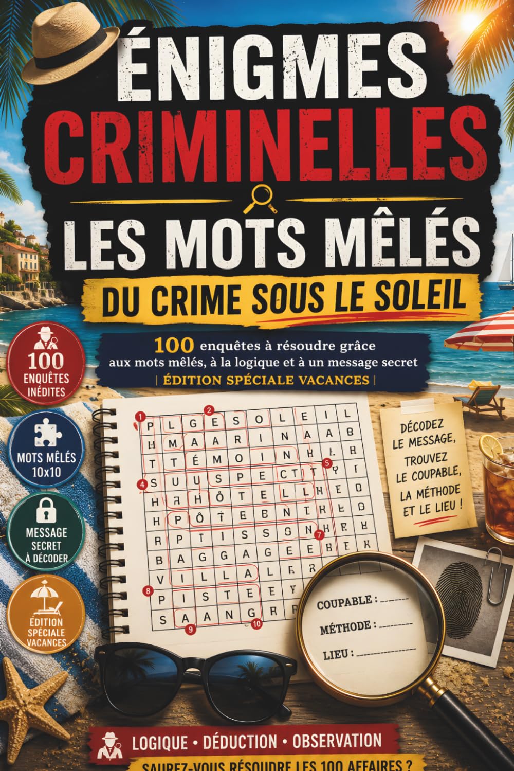 Énigmes Criminelles : Les Mots Mêlés du Crime sous le Soleil | 100 enquêtes à résoudre grâce aux mots mêlés, à la logique et à un message secret | Édition spéciale vacances