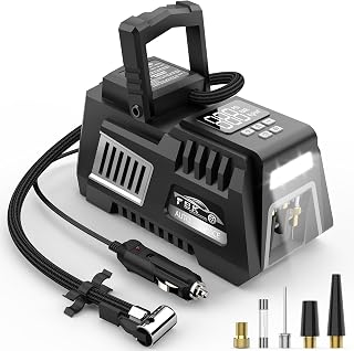 Portable Tire Inflator Digital Air Compressor 12V DC Tire Air Pump Car Accessories with Auto Shut-Off Function, Emergency LED Light, Carrying Case, Set of Nozzle Adaptors for Car, Motorcycle, Bicycle
