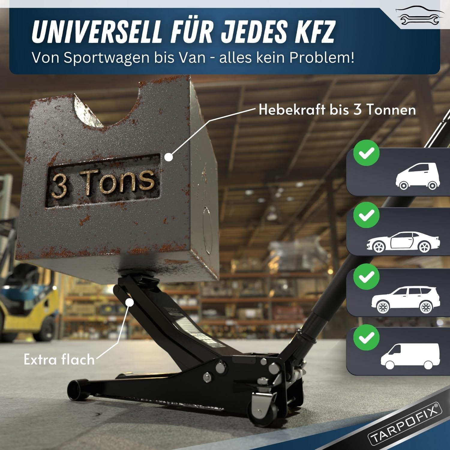 Tarpofix® Wagenheber hydraulisch 3t (85-475mm Hubhöhe) | Premium Rangierwagenheber 3t mit Doppelzylinder | Hydraulischer Wagenheber flach für SUV & tiefergelegte Autos | Hydraulik Rangierwagenheber