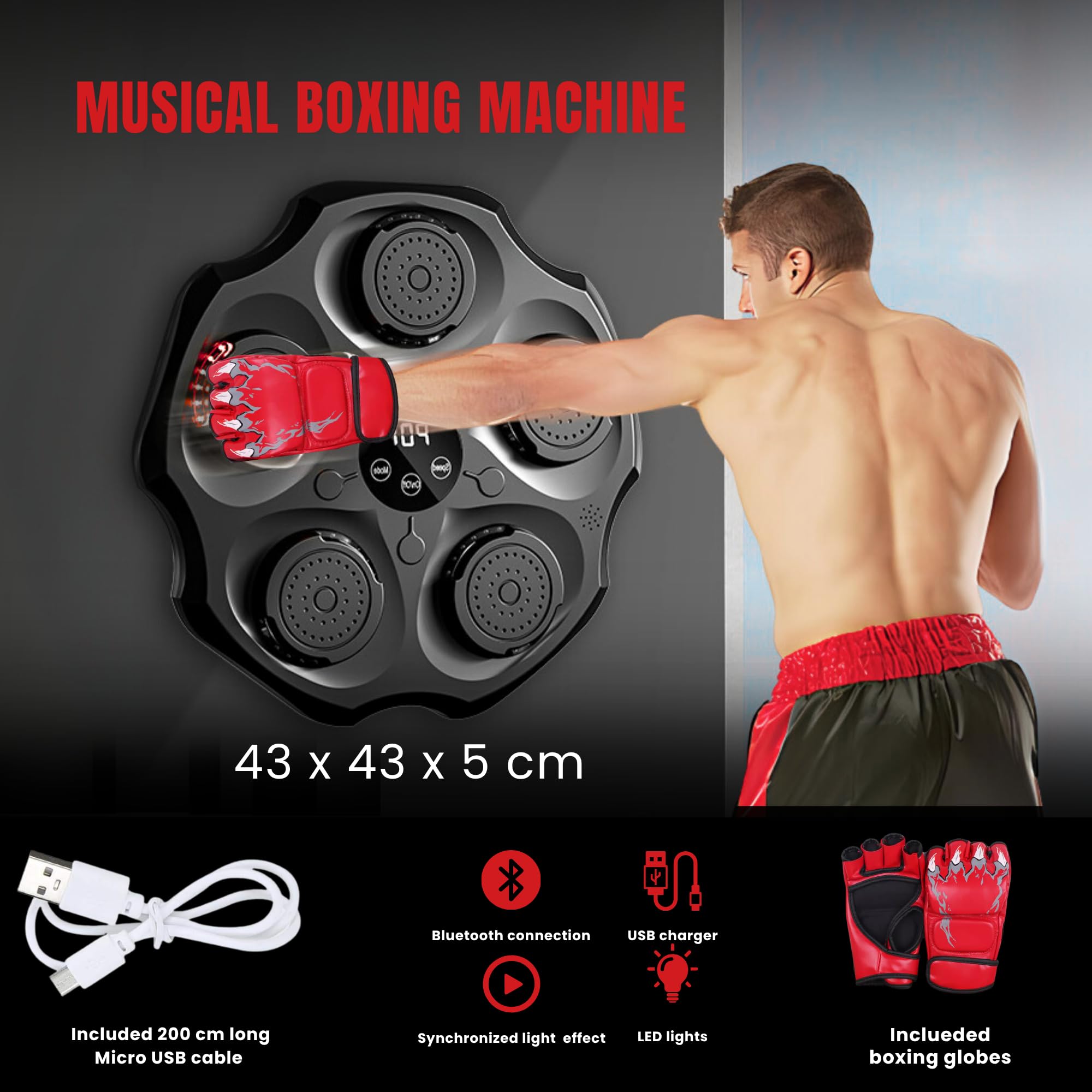 Macchina da Boxe Musicale. Attrezzatura da Allenamento da Parete con LED, Guantoni da Boxe, Bluetooth e Luci a Ritmo di Musica per Bambini/Adulti. (9 modalità, 43x43 cm)