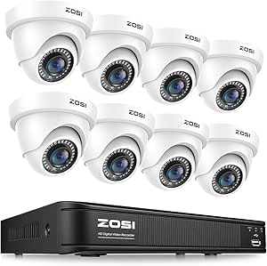 ZOSI 1080P H.265+ Home Security Camera System, AI Human Vehicle Detect, 5MP Lite 8 Channel Surveillance DVR, 8 x 1080p Weatherproof CCTV Dome Camera Outdoor, 80ft Night Vision, Remote Access (No HDD) asin的图片