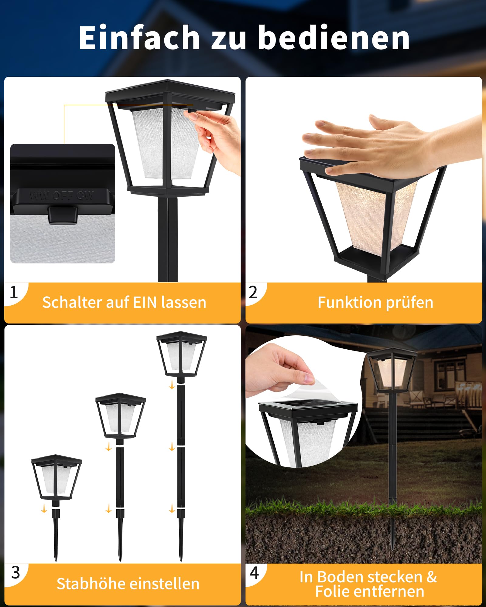 BRIMAX 4er Solarleuchten Außen Erdspieß 3000K/6000K | IP65 wasserdicht, Auto Ein/Aus, Gartenleuchte für Gartenweg Terrasse Rasen