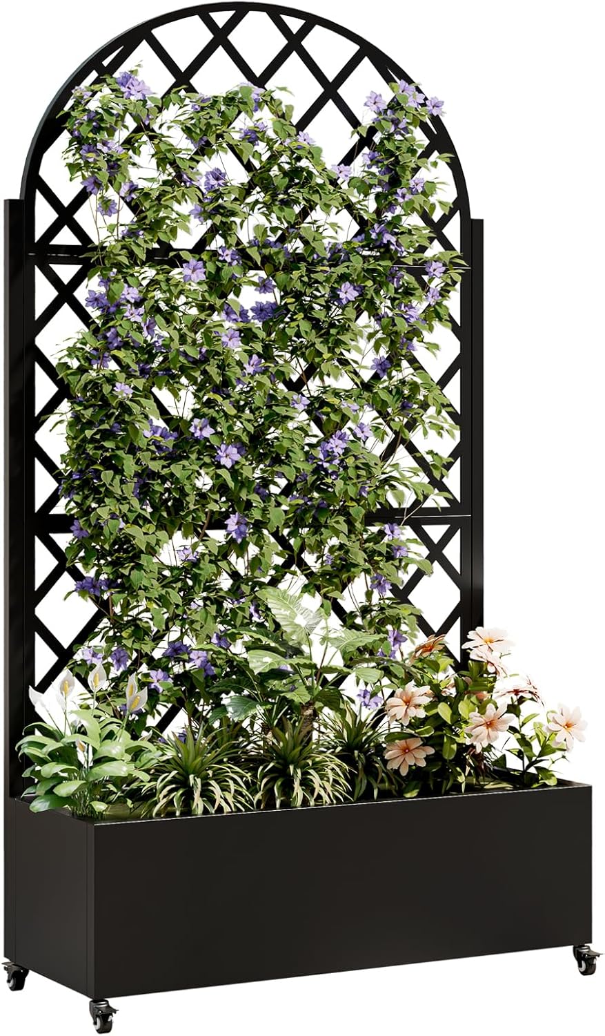 Metal Planter Box with Trellis, Galvanized Steel Outdoor Raised Garden Bed with Privacy Screen with 4 wheelsTrellis, with Drainage Holes & Lockable Casters (Square)