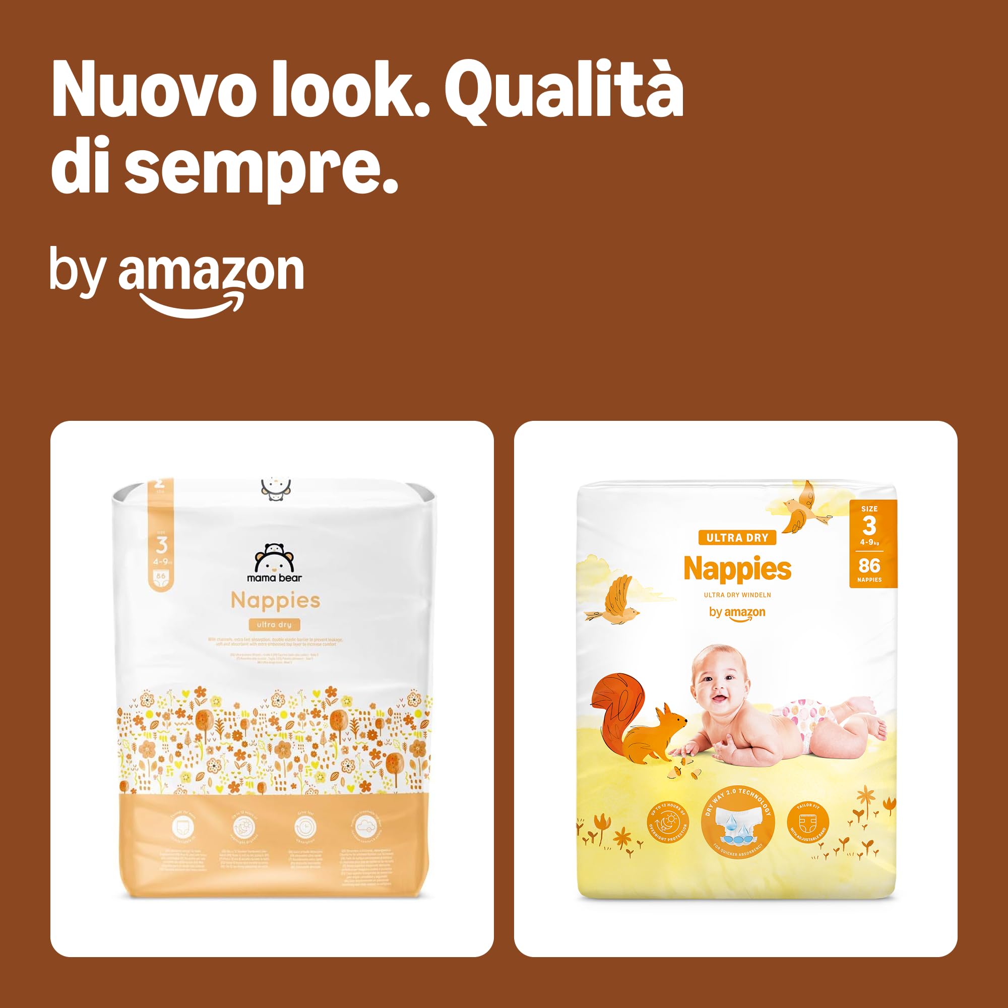 By Amazon Pannolini ultra asciutto, Taglia 3 (4-9 kg), Con canali d'areazione, Bianco, 172 Unità (2 confezioni da 86) - Nuova versione (Precedentemente un marchio Mama Bear brand, stesso prodotto)