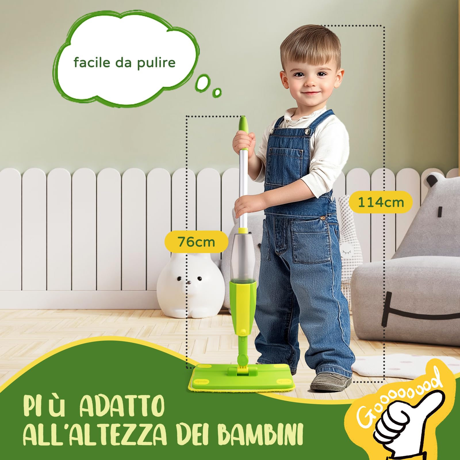 Mocio Giocattolo per Bambini con Spruzzo - Set Pulizia Bambini Montessori con 2 Panni Lavabili e Supporto | Kids Spray Mop, Scopa Bambini Gioco, Gioco Educativo Montessori 3+ Anni