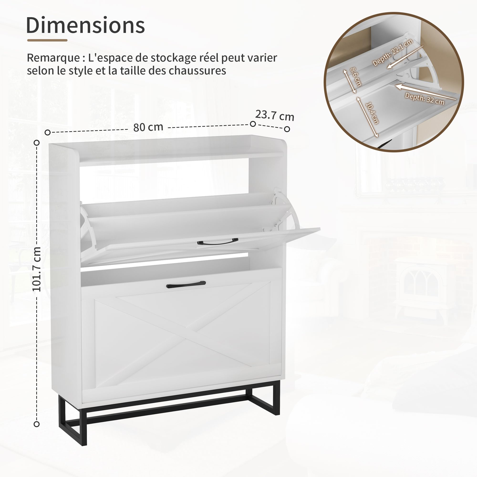 BonVache Meuble Chaussure Entree, Armoire à Chaussures étroite avec 2 tiroirs rabattables, Shelf réglable et Support métallique, adapté à la Couloir, à l'entrée et au Vestibule, Blanc