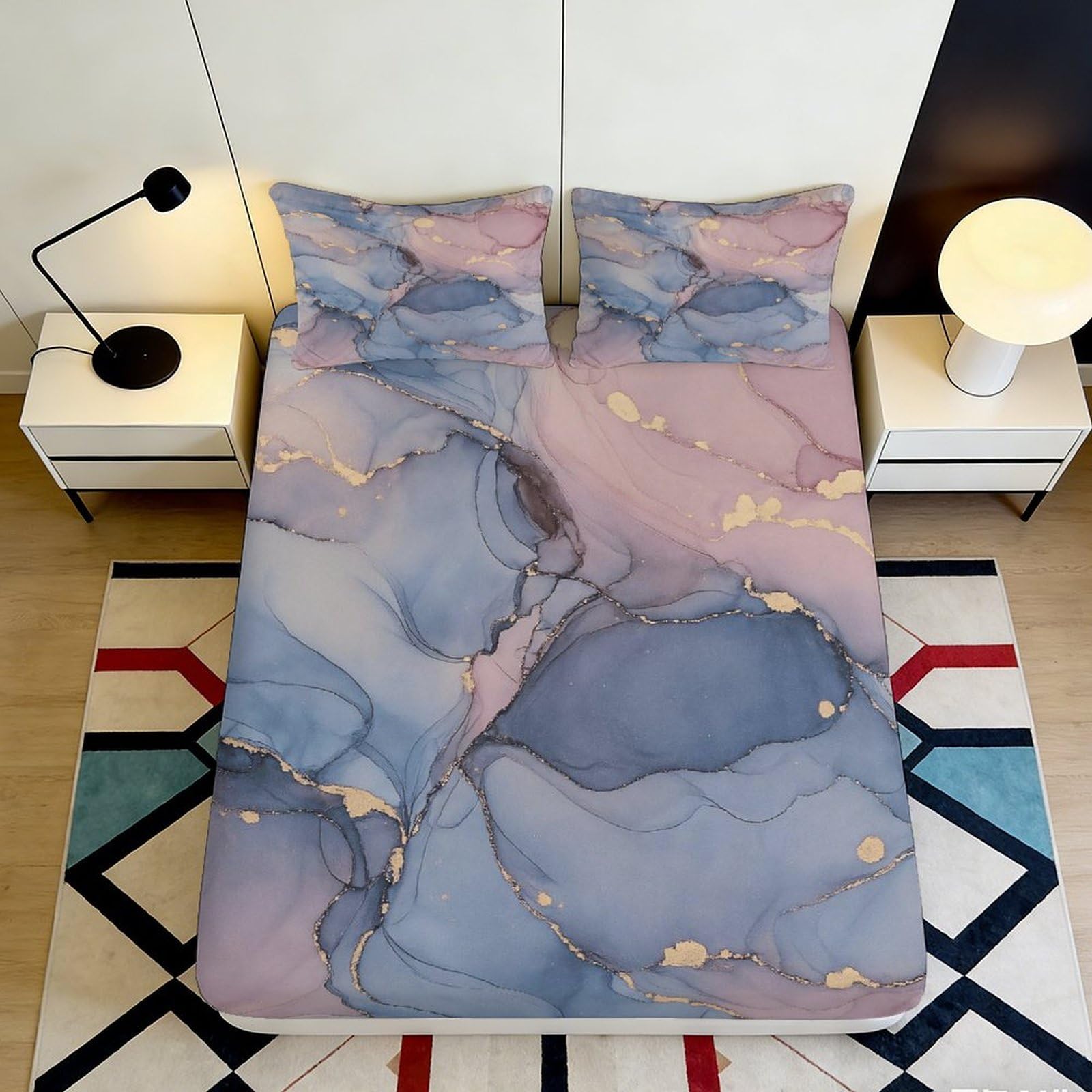 Pnayamiorkfel Style-3 3D Printed Marble Blue Pink Fitted Sheet Microfiber Soft Non Slip Artistic Abstract Bed Cover For Bedroom Guestroom 90X200x25cm
