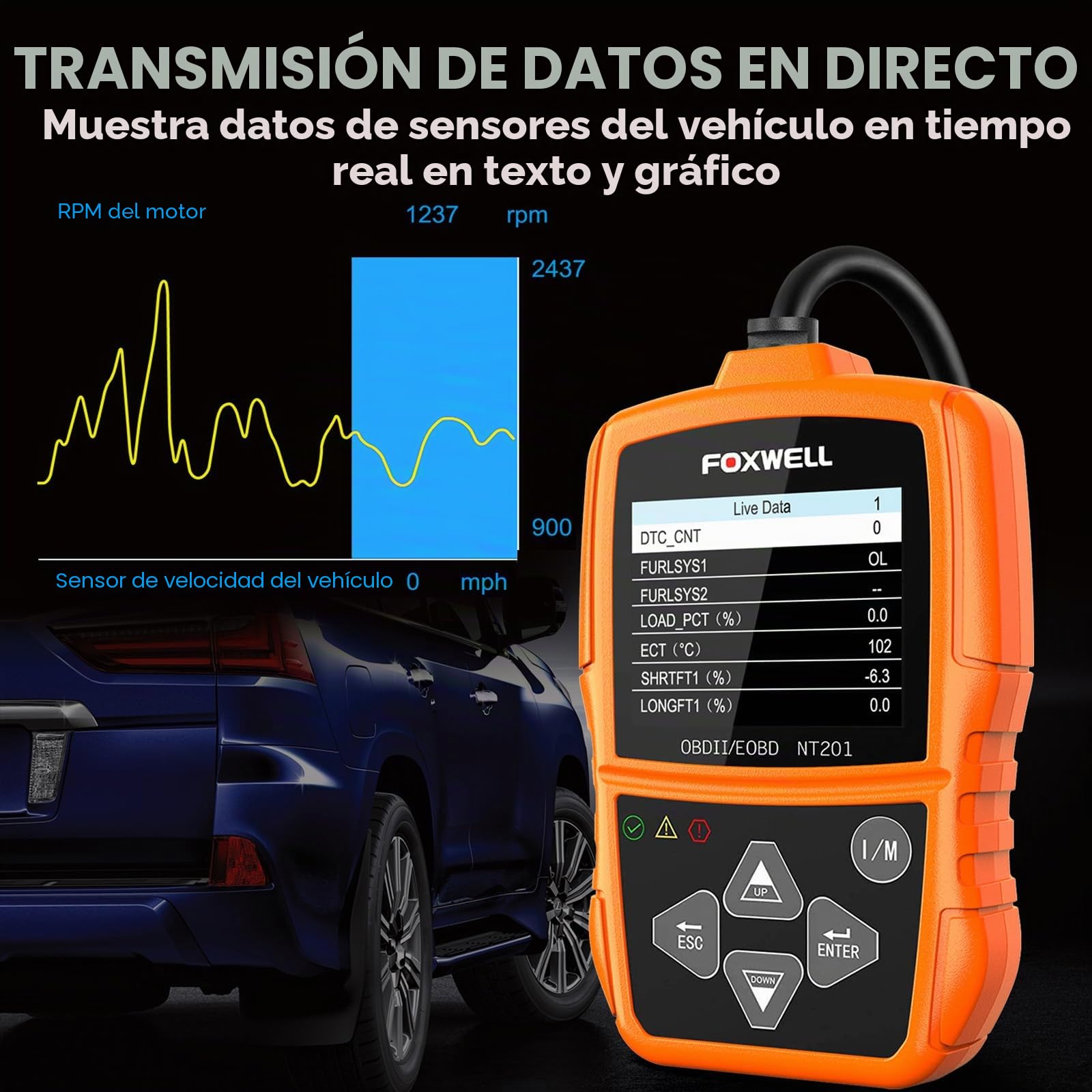 FOXWELL OBD2 Análisis de Diagnóstico Herramientas de Diagnóstico OBDII Español Lector de Códigos OBD 2 Auto Diagnosis Escáner NT201 Naranja