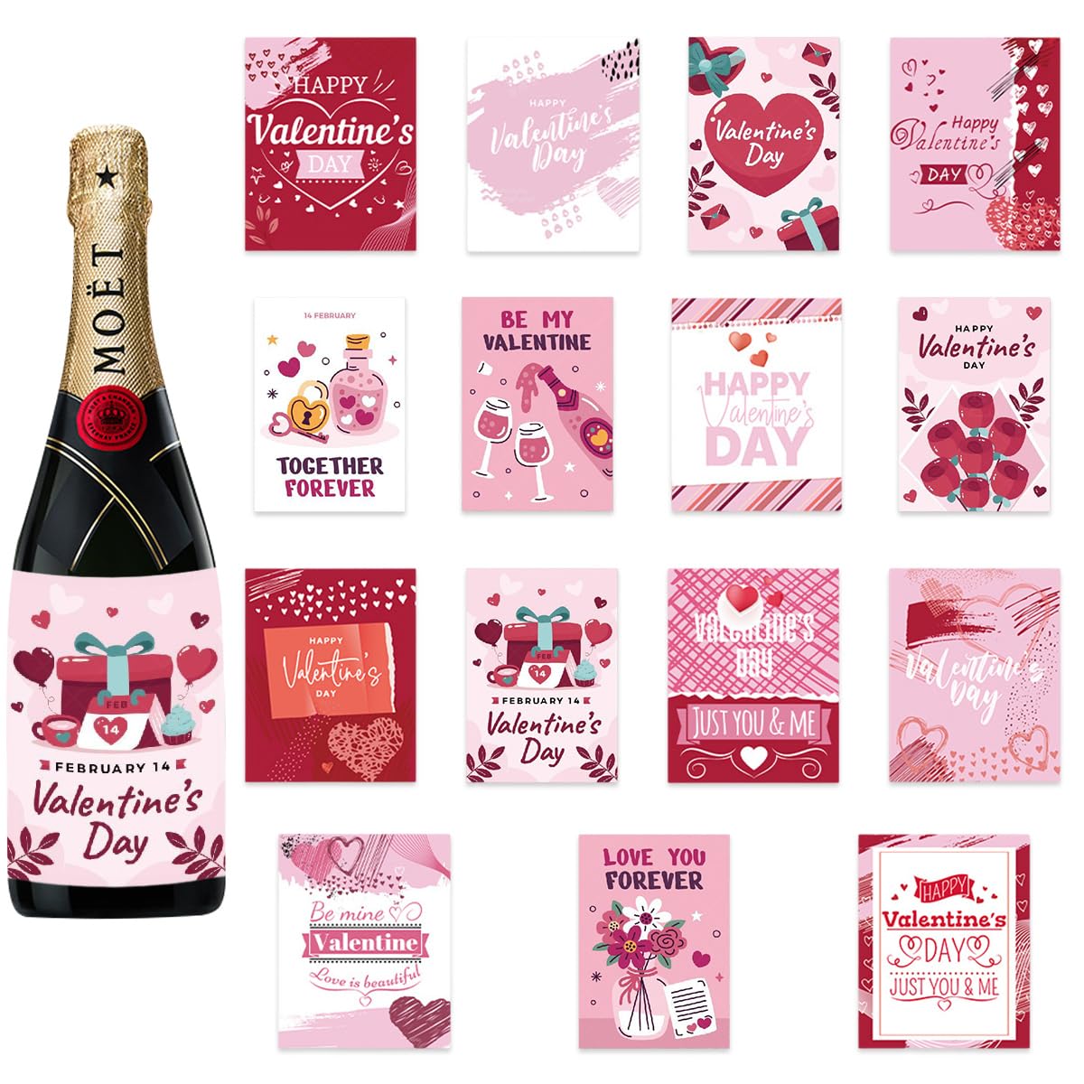 24 Pcs Happy Valentine's Day Wine Bottle Labels, Red Pink Dating Stickers for Champagne, Be Mine, Love You Forever, Love Poison, Hearts and Roses Flower Waterproof Decal Labels Gift for Your Lover