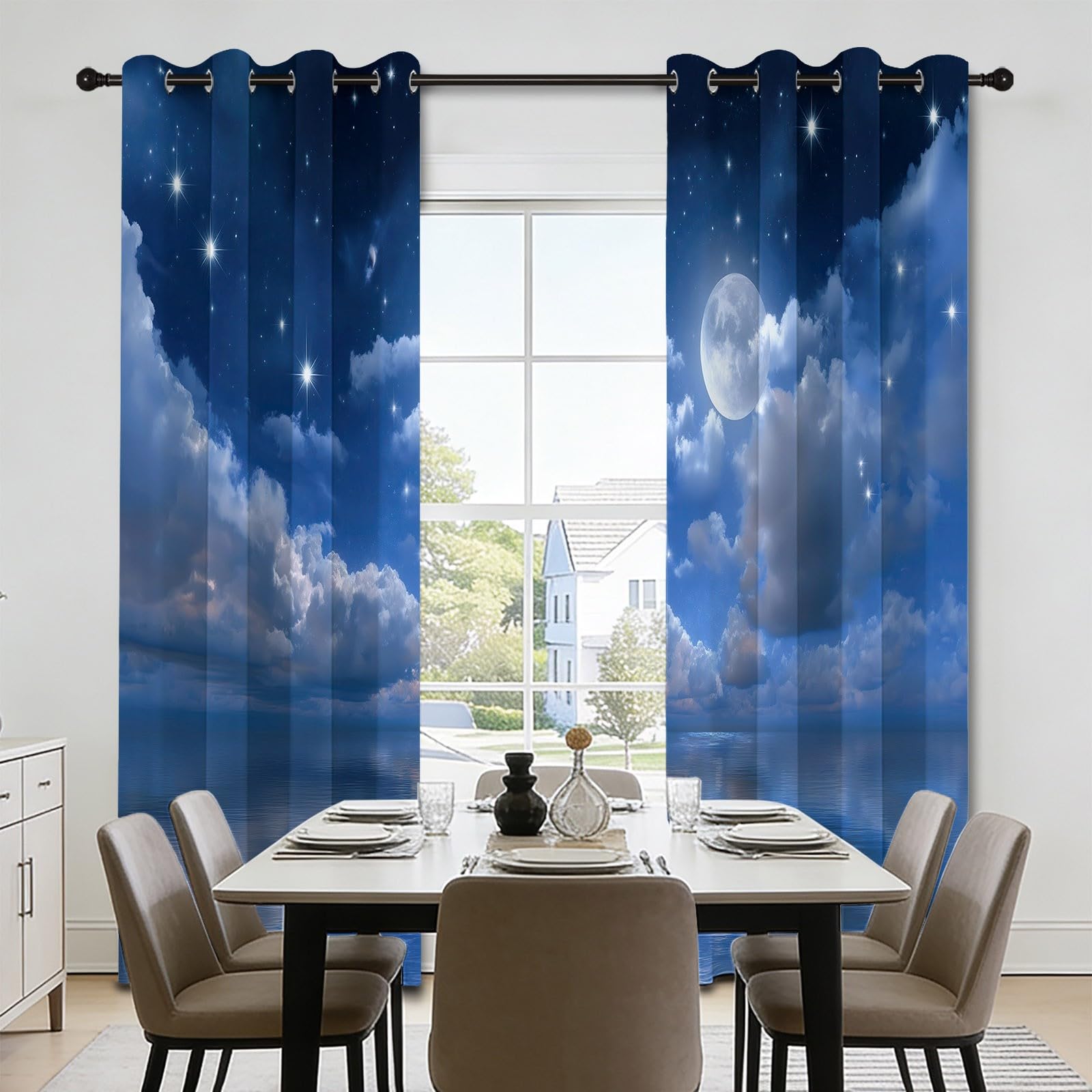 140 l x 175 cm Romantyczna zasłona z oczkami akwarela - gwiaździste niebo księżyc chmury, izolowane termicznie, zasłony zaciemniające z oczkami do salonu, sypialni i pokoju dziecięcego, 2 panele