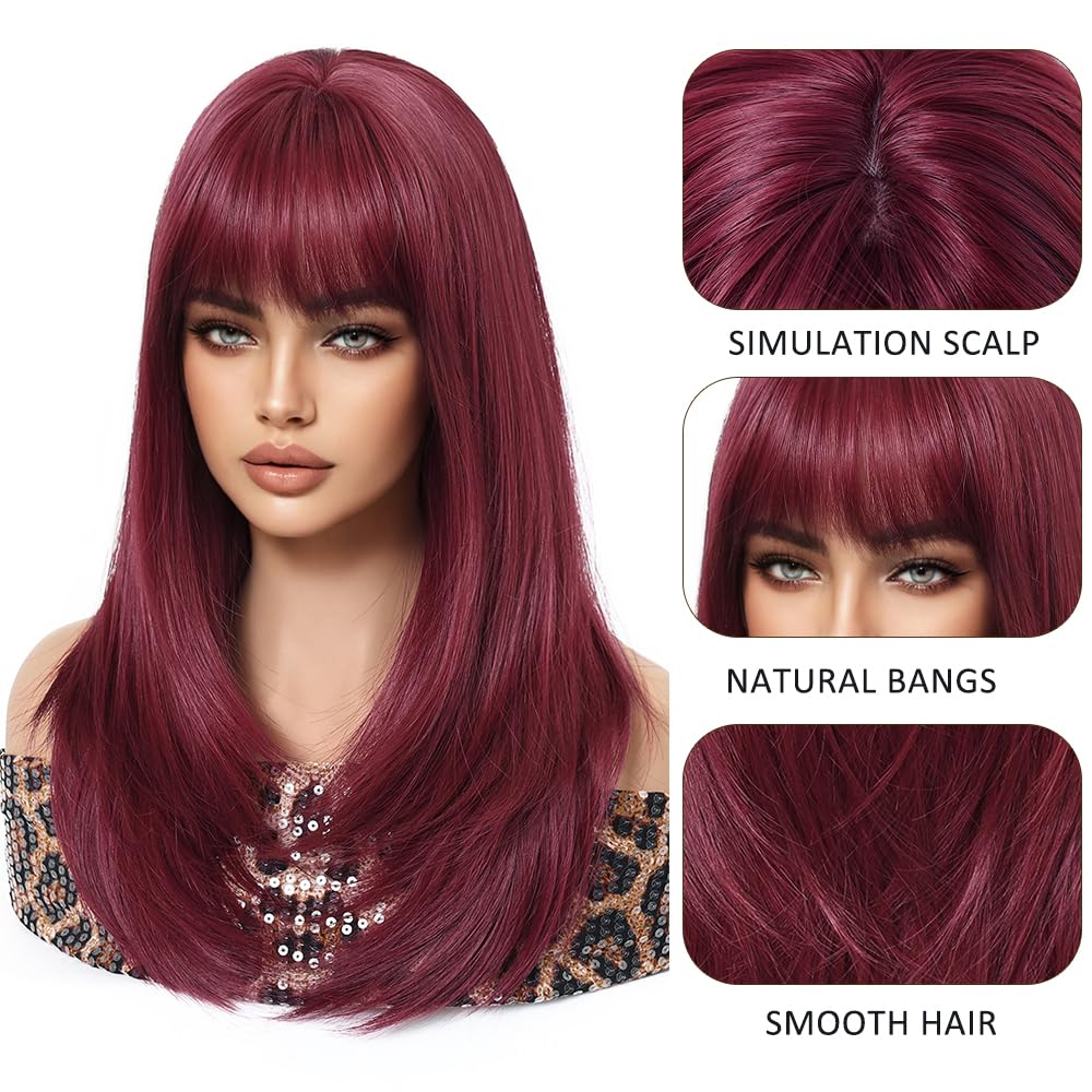 Esmee Long Straight Wine Red Wigs for Women with Fringe Natural Synthetic Hair Ombre Wig for Daily & Party Use - Image 3