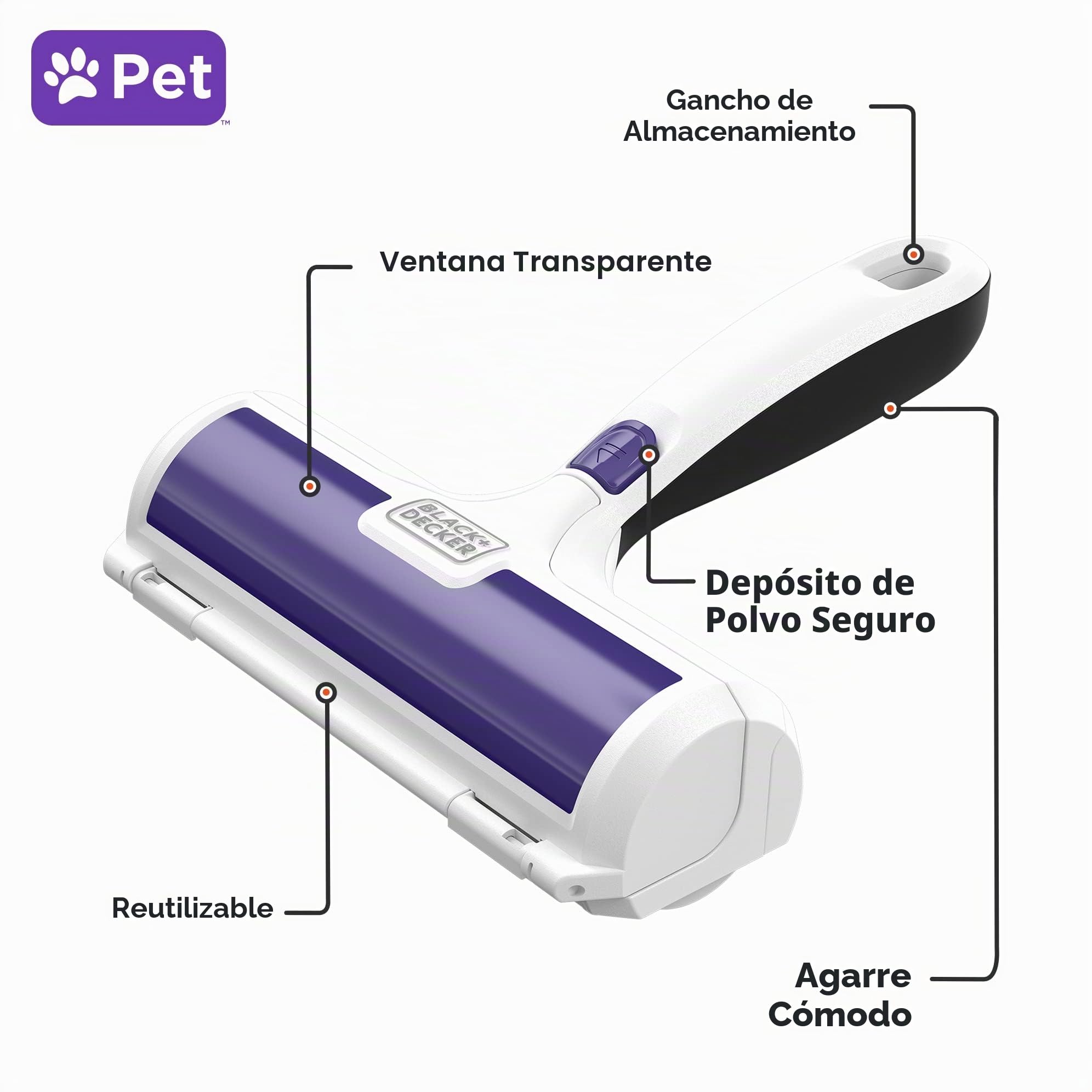 BLACK+DECKER - Removedor de Pelo de Mascotas, Rodillo, Elimina el Pelo de Perro y Gato fácilmente (HMSCT0001)