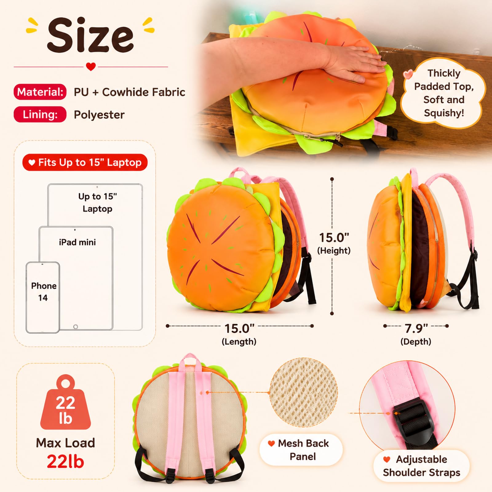 Zaino Cheeseburger con hamburger, portamonete e patatine fritte, 2 x Cheeseburger, Piccolo, Fashion