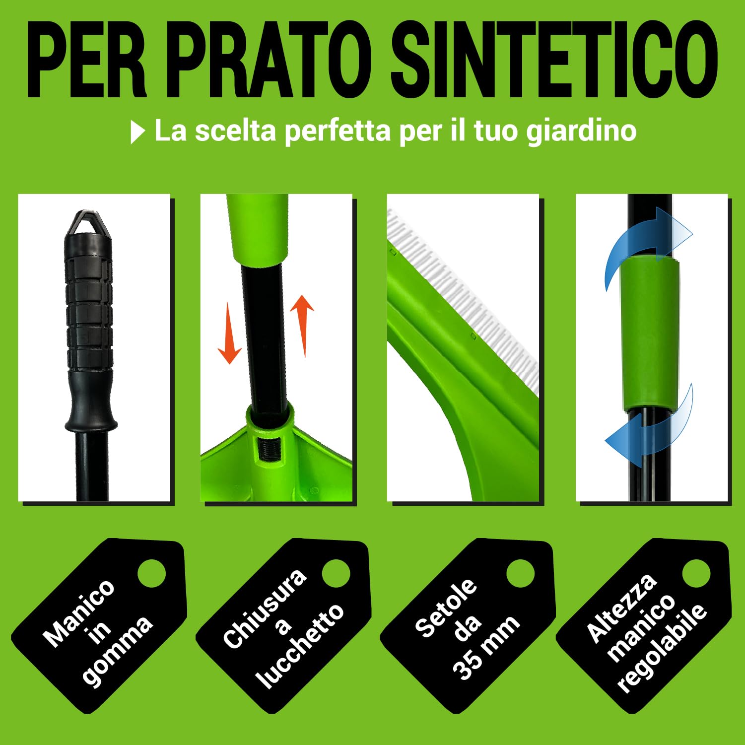 Crisalide® - Rastrello per Erba Artificiale Setole in Poliammide 35 mm, Doppia Fila, Asta Telescopica 80-130 cm, Larghezza 45 cm Manico Ergonomico in Gomma Per Pulizia e Cura di Prati Sintetici