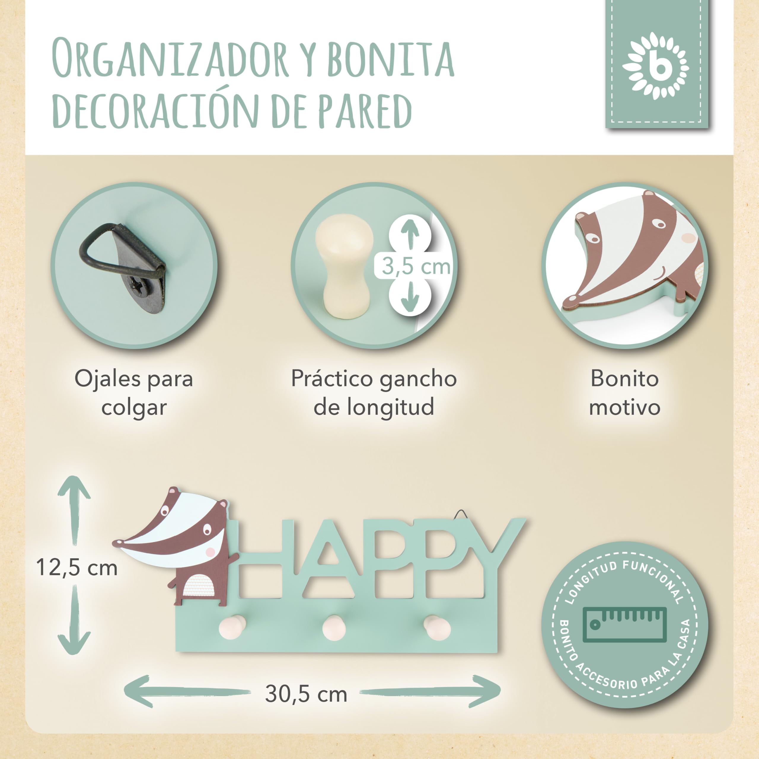 BIECO Garderobe Kinder Happy | Perchero Infantil Madera | Ganchos | Perchero Pared Madera | Colgador Ropa Infantil | 30 cm | 3 Ganchos |