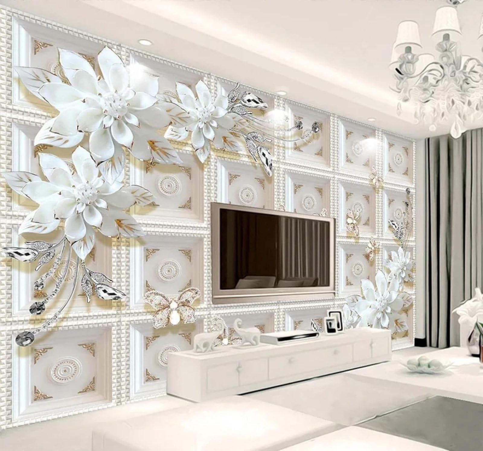XLMING Papier Peint 3D Beauté Relief Bijoux Fleurs Papillons