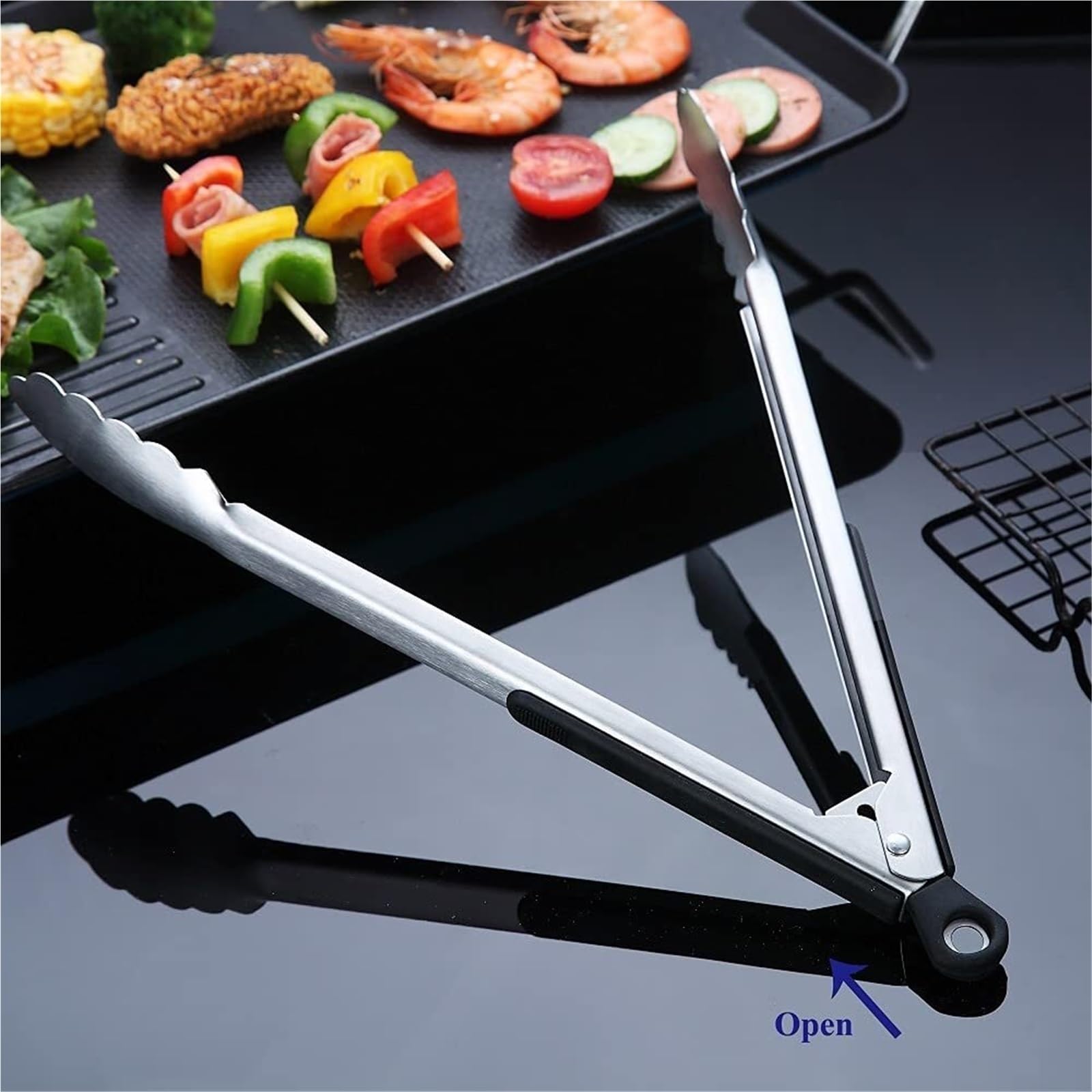Küchenzange, Edelstahl-Grillzange for Kochen von Steaks, Rot und Schwarz, 20–44 cm(Black,42cm)