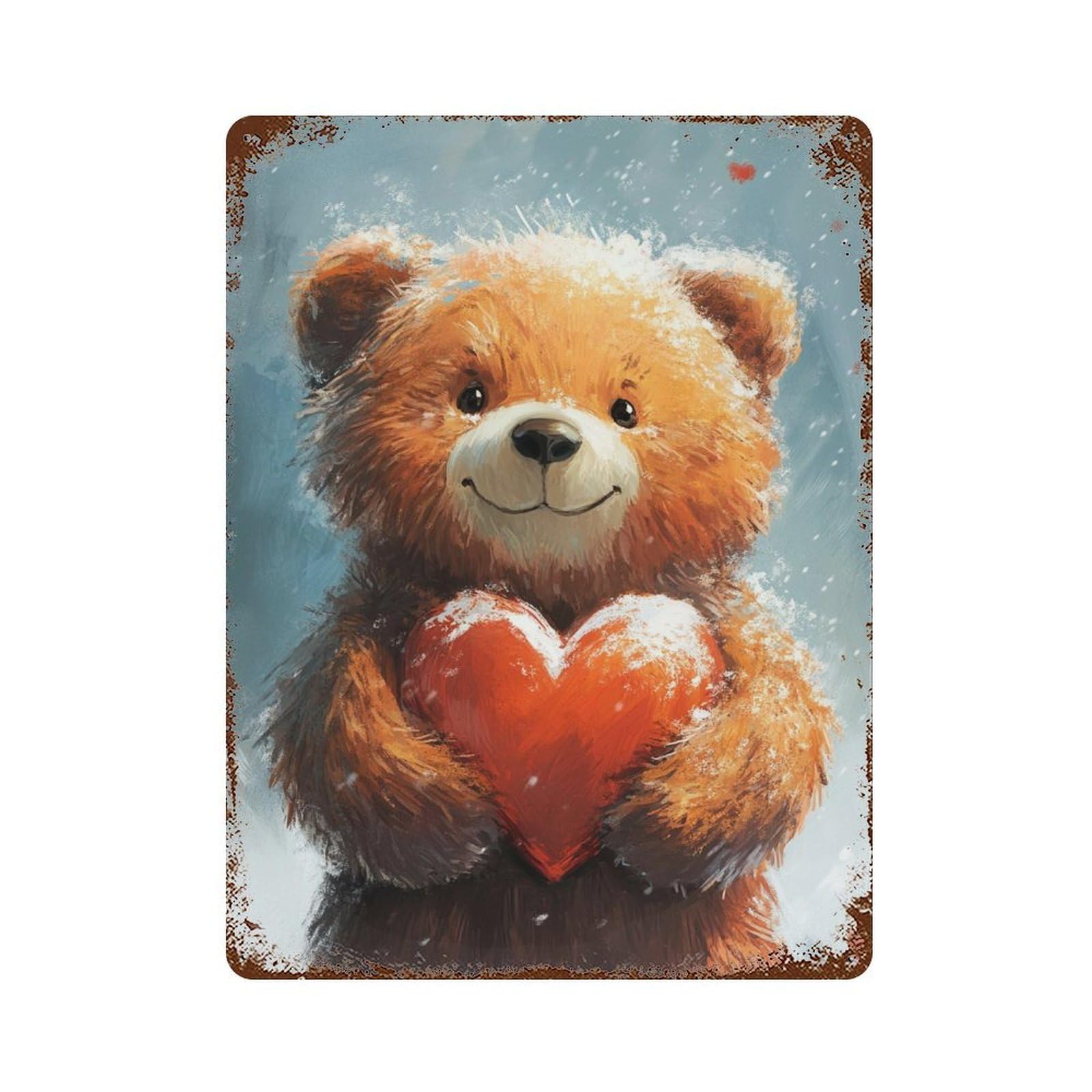Winter Teddy Bear with Heart Vintage Rust Metal Sign 15.7"x11.8", Shabby Chic Decor for Shed, Workshop And Garage Wall Decor