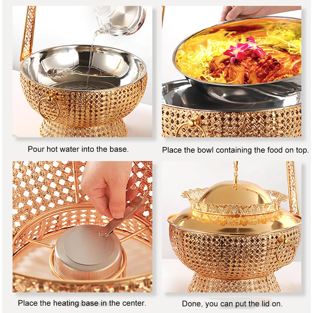 Estufa de Buffet Dorada de Acero Inoxidable de Lujo, diseño de Tapa Colgante, Bandeja para Calentar Alimentos, Adecuada para hoteles, restaurantes, Banquetes, Fiestas y Bodas
